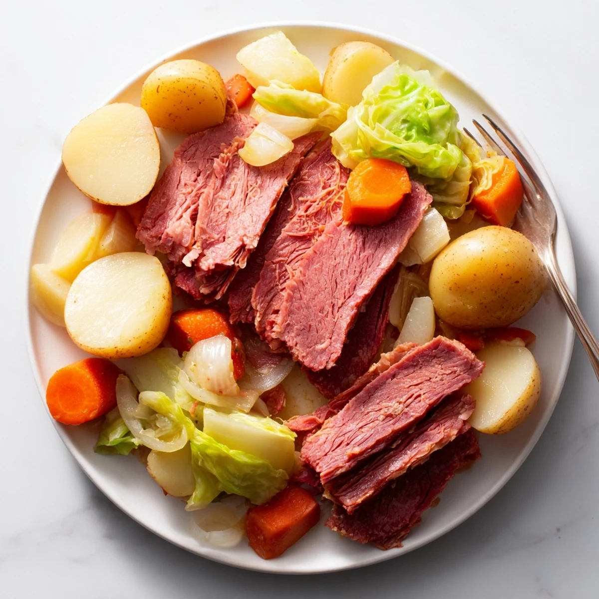 Sliced corned beef pot roast with vegetables is served on a plate, garnished with fresh herbs and a side of mustard.