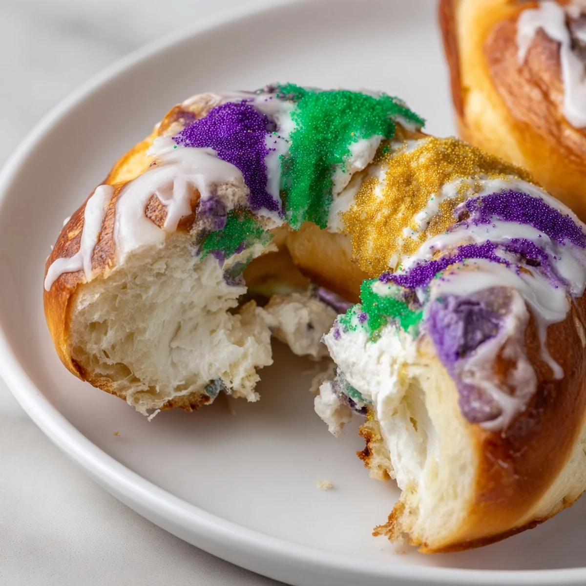 A close-up of Mardi Gras King Cake Bagels with Cream Cheese glaze and purple, green, and gold sprinkles, served on a wooden board.