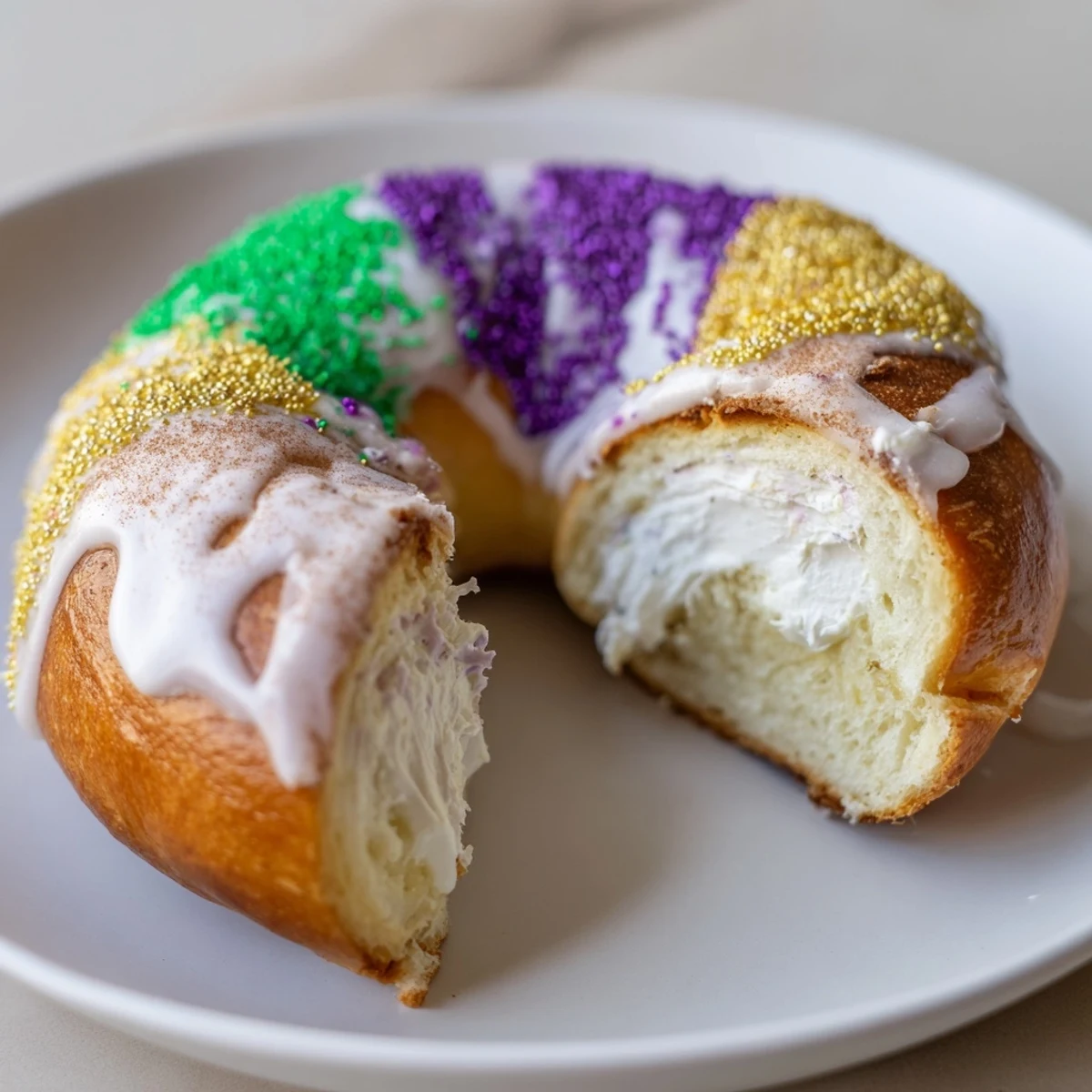 This image shows a golden-brown Mardi Gras King Cake Bagels with Cream Cheese filling, cut open to reveal its creamy texture.