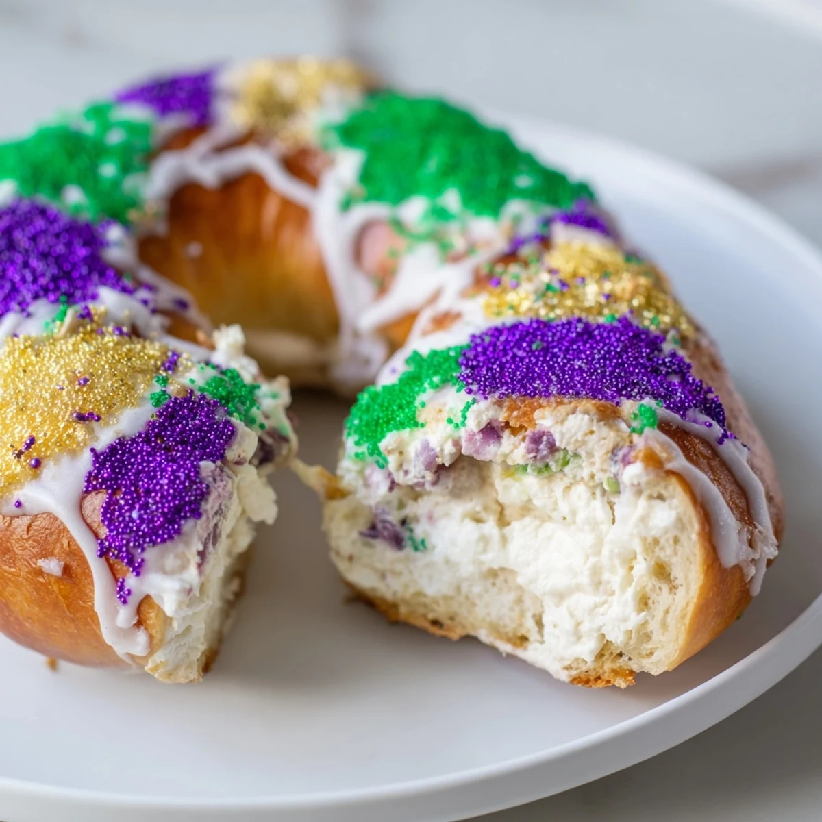 Freshly baked Mardi Gras King Cake Bagels with Cream Cheese, drizzled with vanilla glaze and festive New Orleans-style sugars.