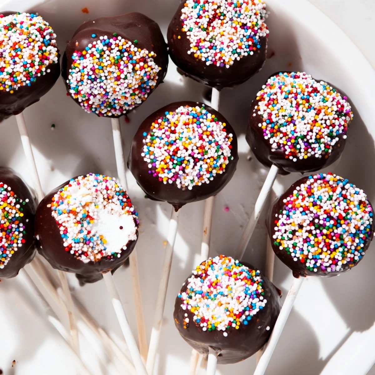 Chocolate Dipped Marshmallows with Sprinkles on sticks arranged on a white plate, showing smooth chocolate coating and bright colorful toppings.