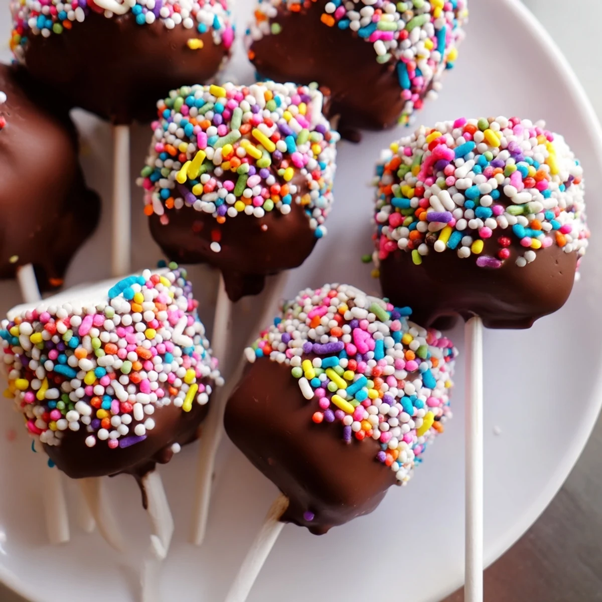 Chocolate Dipped Marshmallows with Sprinkles served as party treats, perfect for gifting on a festive dessert table.