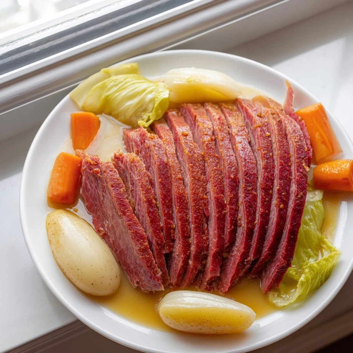 Tender slices of corned beef pot roast with soft carrots and potatoes on a white serving platter.