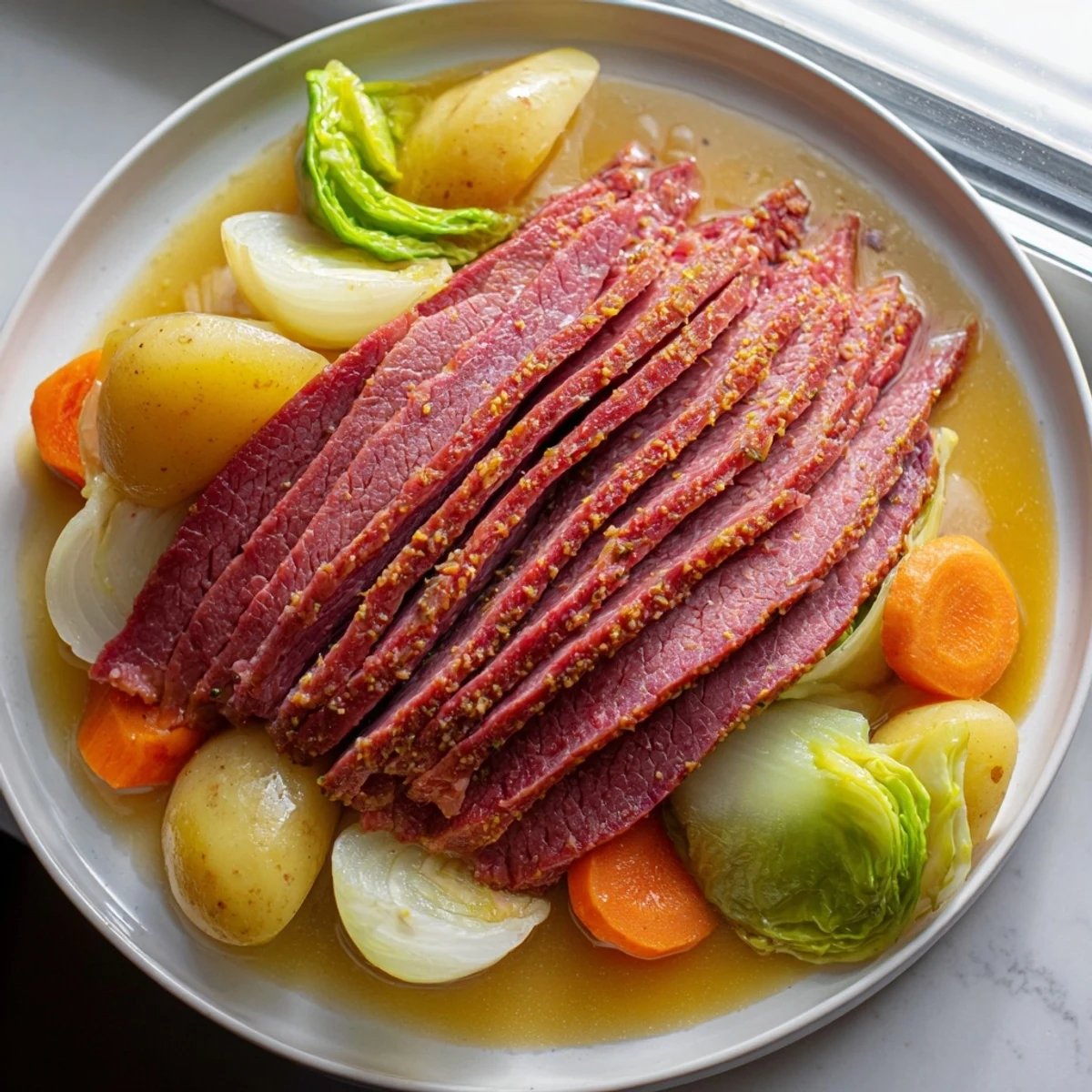 A close up view of the corned beef pot roast in a Dutch oven with steamed cabbage.