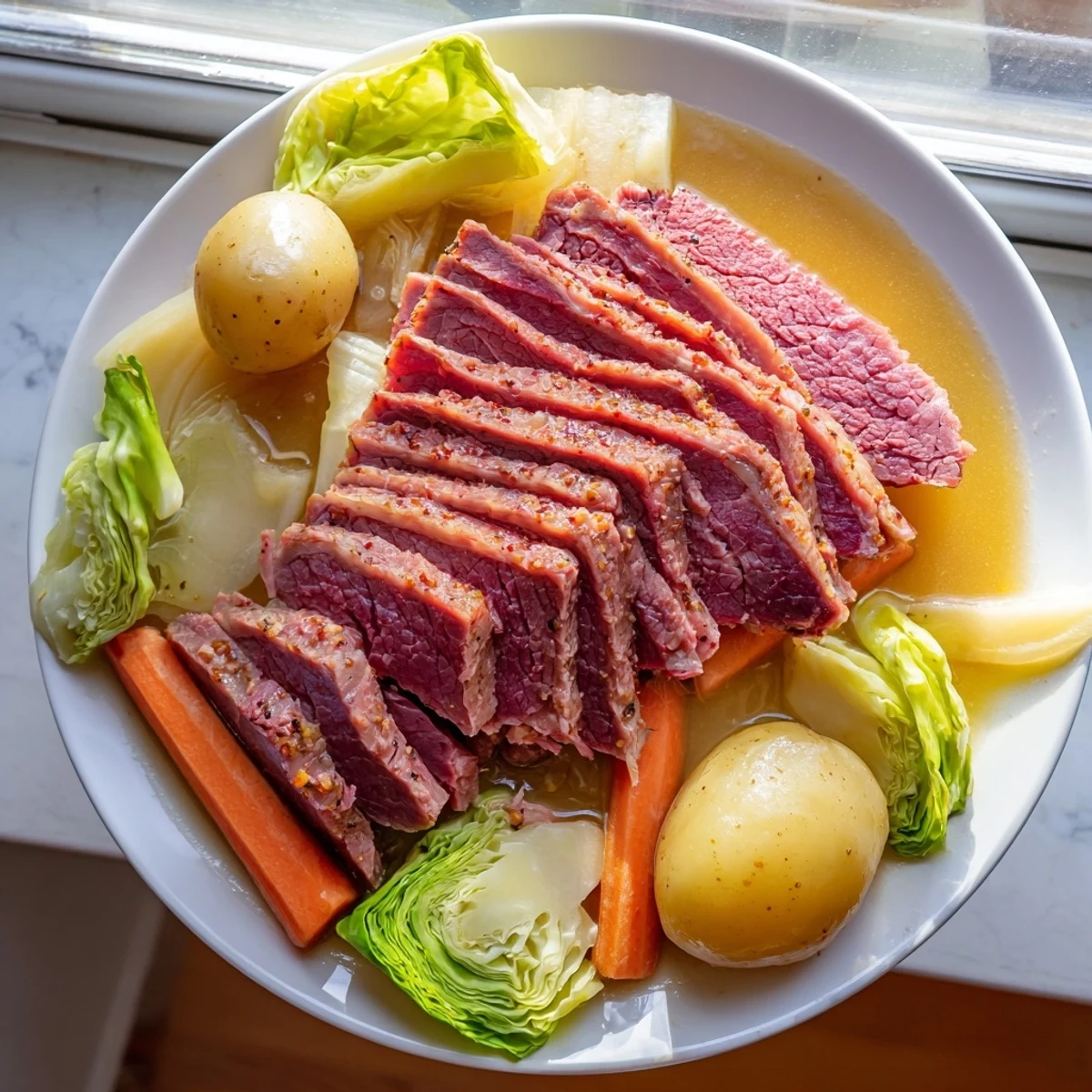 Hearty corned beef pot roast served with roasted vegetables and a flavorful broth ladle over top.