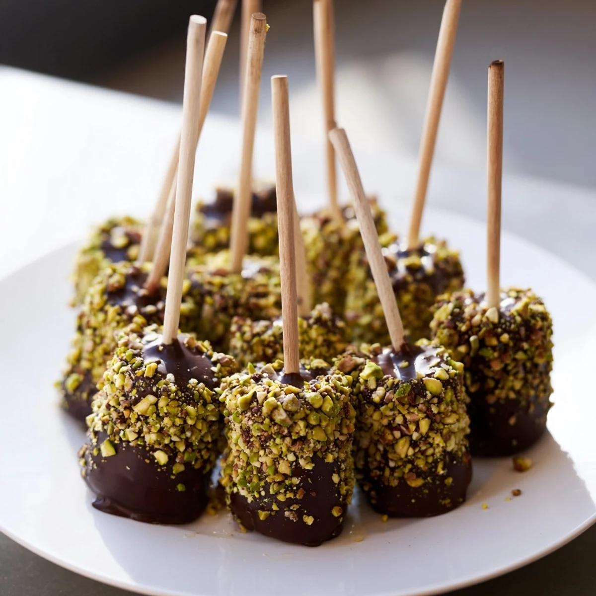 Fluffy marshmallows on sticks dipped in rich melted chocolate, finished with colorful sprinkles for a festive party treat.
