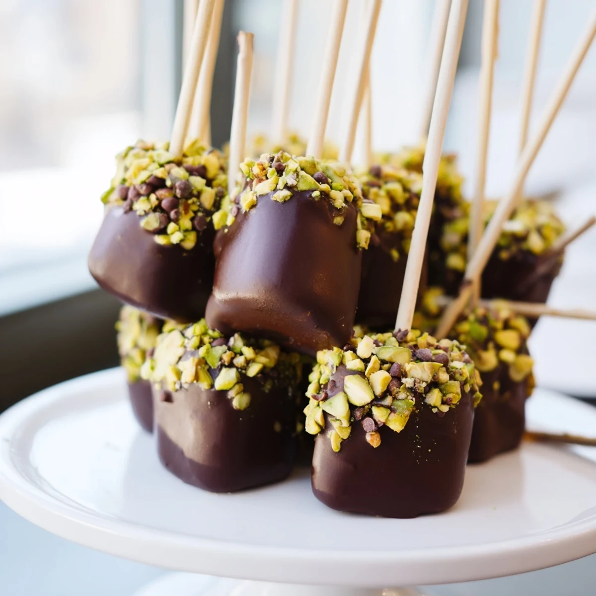 Marshmallows coated in silky dark chocolate and topped with crushed pistachios, ready to serve on a dessert platter.