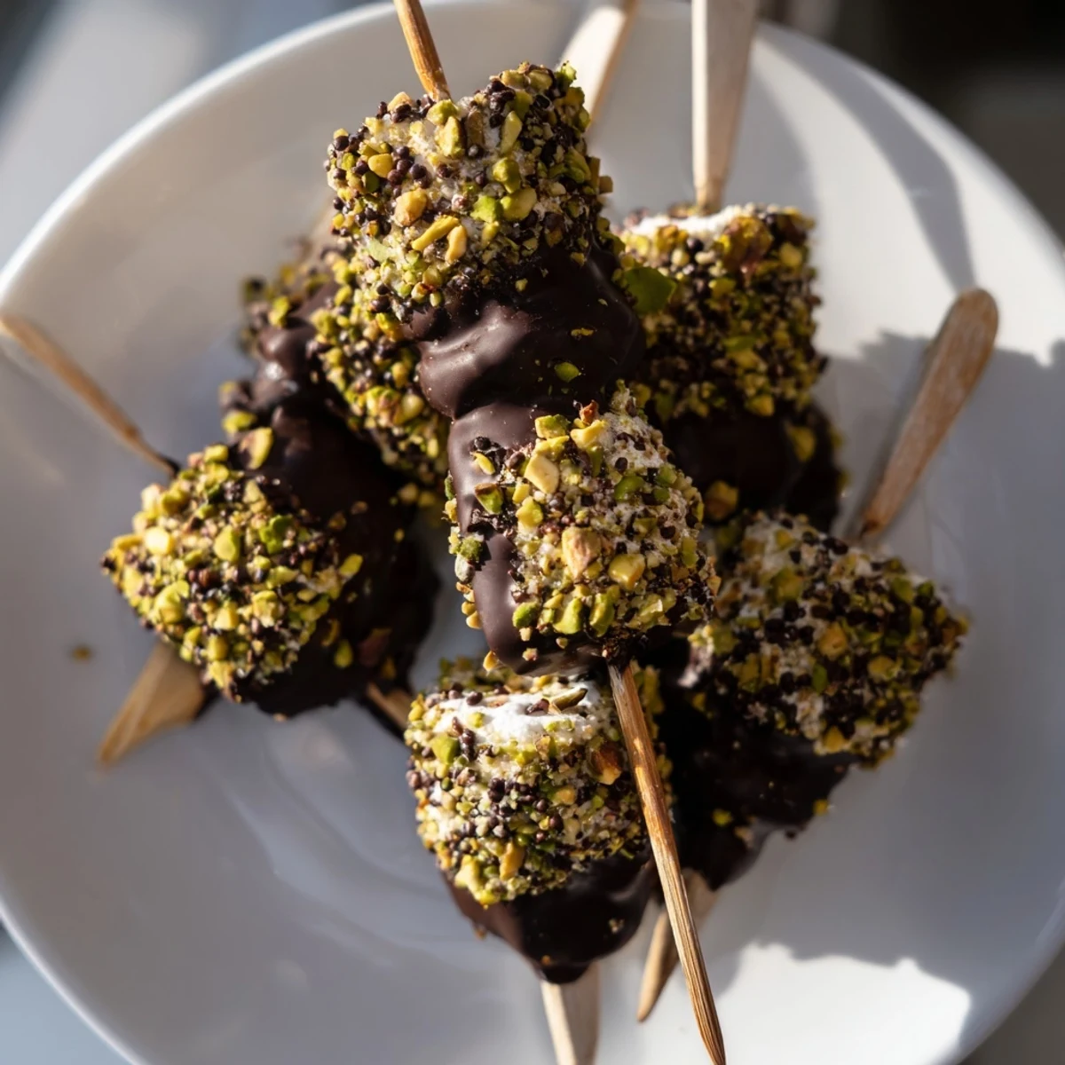 Chocolate dipped marshmallows with shredded coconut and mini chips, arranged on parchment after chilling until perfectly set.