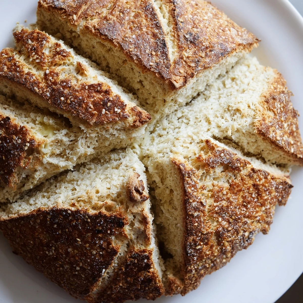 A rustic Irish Soda Bread with Caraway showing a golden crust, craggy top, and visible caraway seeds on a wooden board.