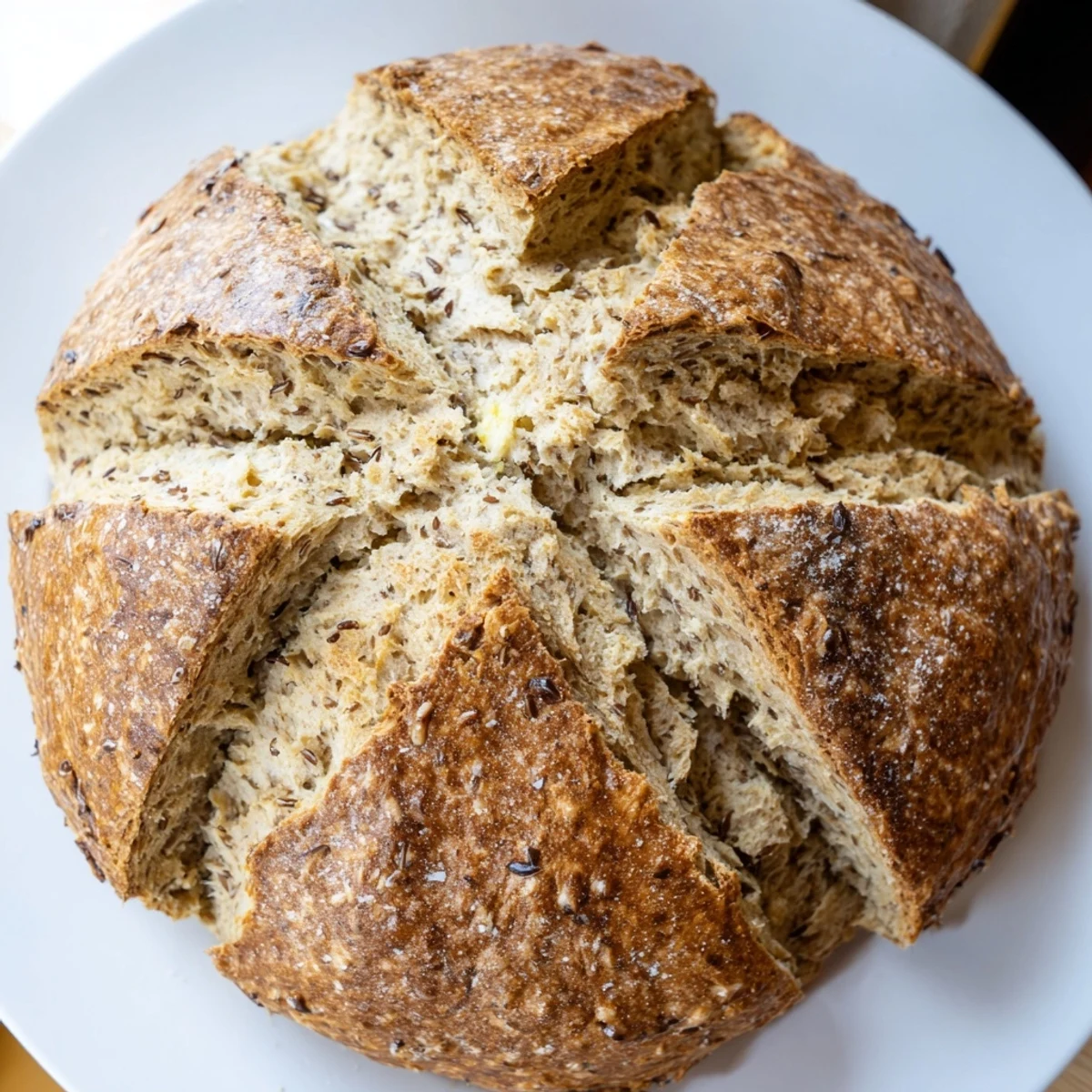Freshly baked Irish Soda Bread with Caraway loaf dusted with flour, cracked open to reveal a tender, soft crumb interior.