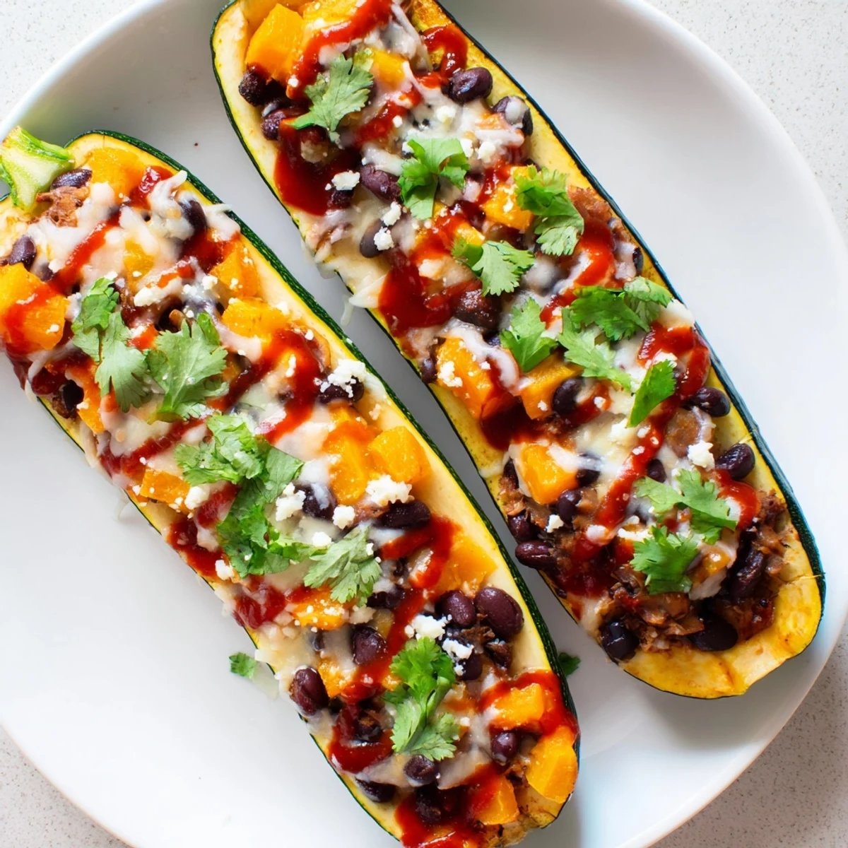 Golden roasted zucchini boats stuffed with black beans and butternut squash for the Black Bean and Butternut Squash Enchilada Boats recipe.
