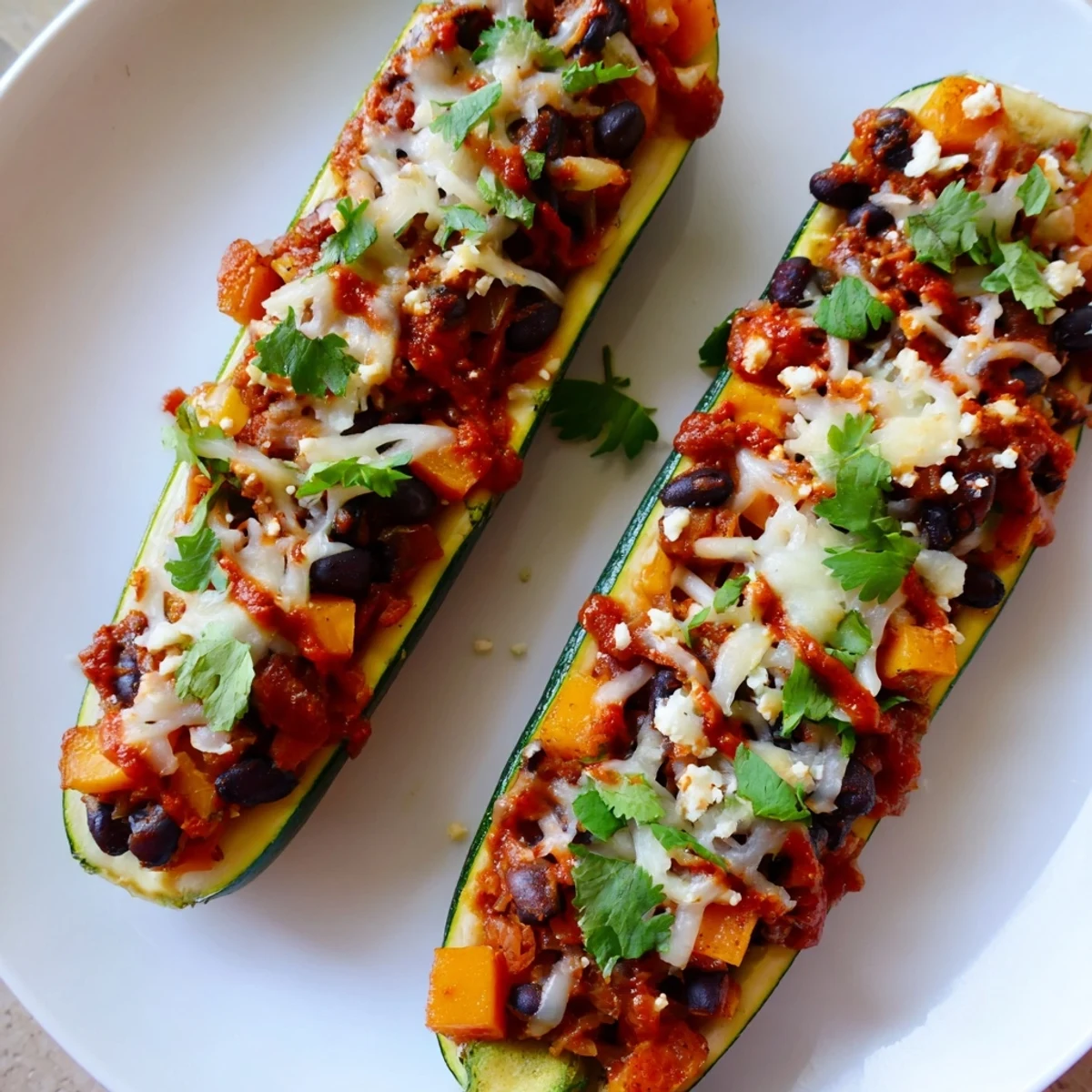 In the Black Bean and Butternut Squash Enchilada Boats, melted cheese tops the vibrant zesty enchilada sauce dish.
