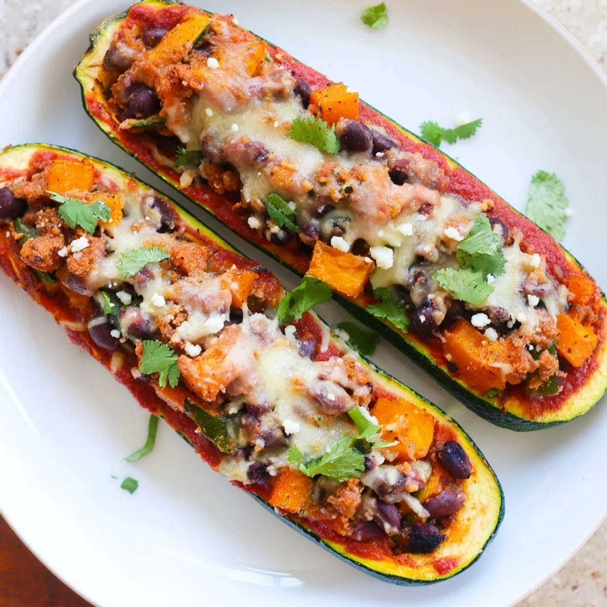 Fresh avocado and cilantro garnish these hearty Black Bean and Butternut Squash Enchilada Boats served hot on a plate.