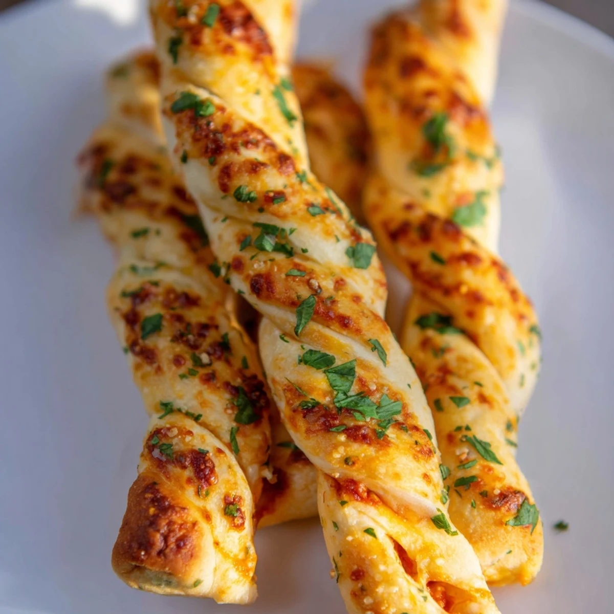 Golden Crispy Air Fryer Pizza Cheese Bread Twists with melted mozzarella and herbs beside a bowl of marinara for dipping.  