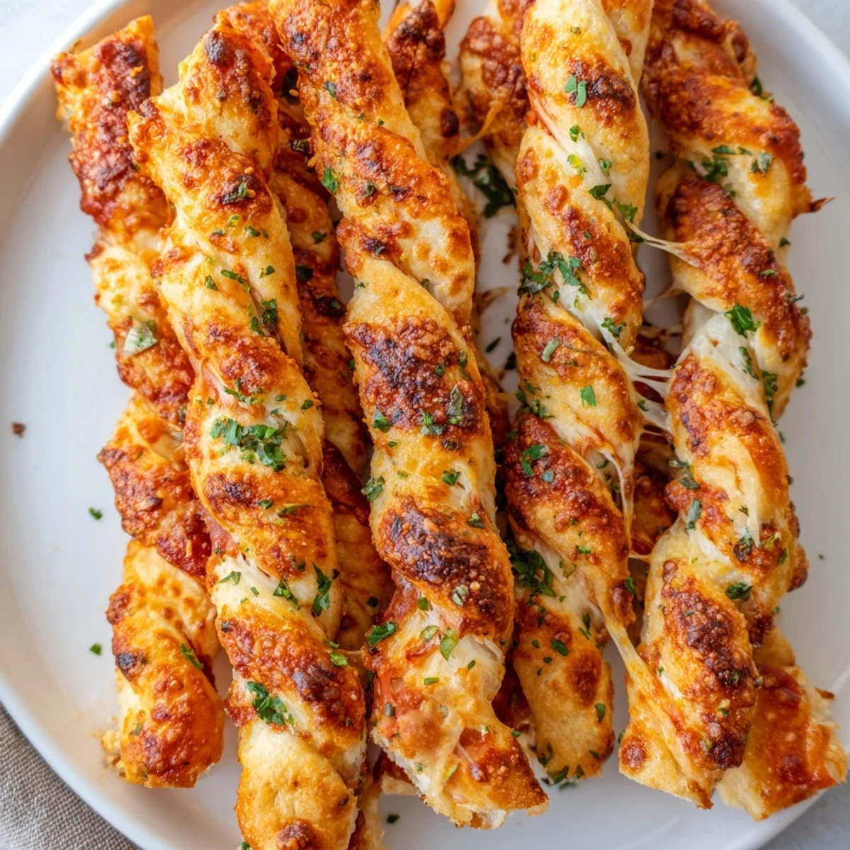 Hot Air Fryer Pizza Cheese Bread Twists twisted with garlic butter glaze, steam rising, on a rustic wooden board.  