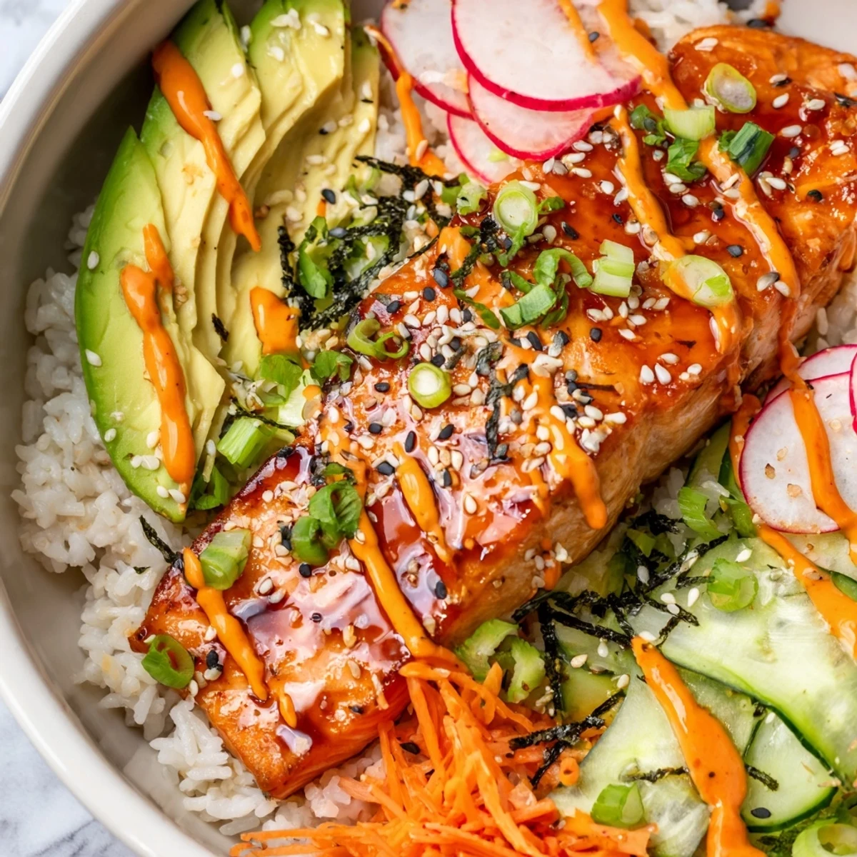 Flaky teriyaki-glazed salmon rests atop fluffy jasmine rice with crunchy pickled veggies and drizzles of creamy sriracha mayo.