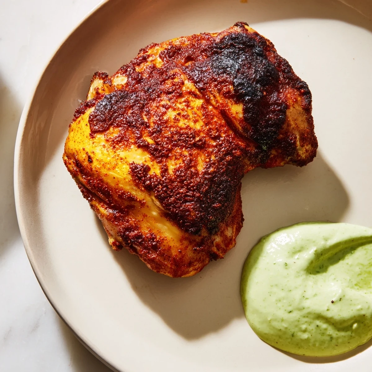 Roasted Peruvian chicken thighs glistening with spices, served with creamy green sauce.