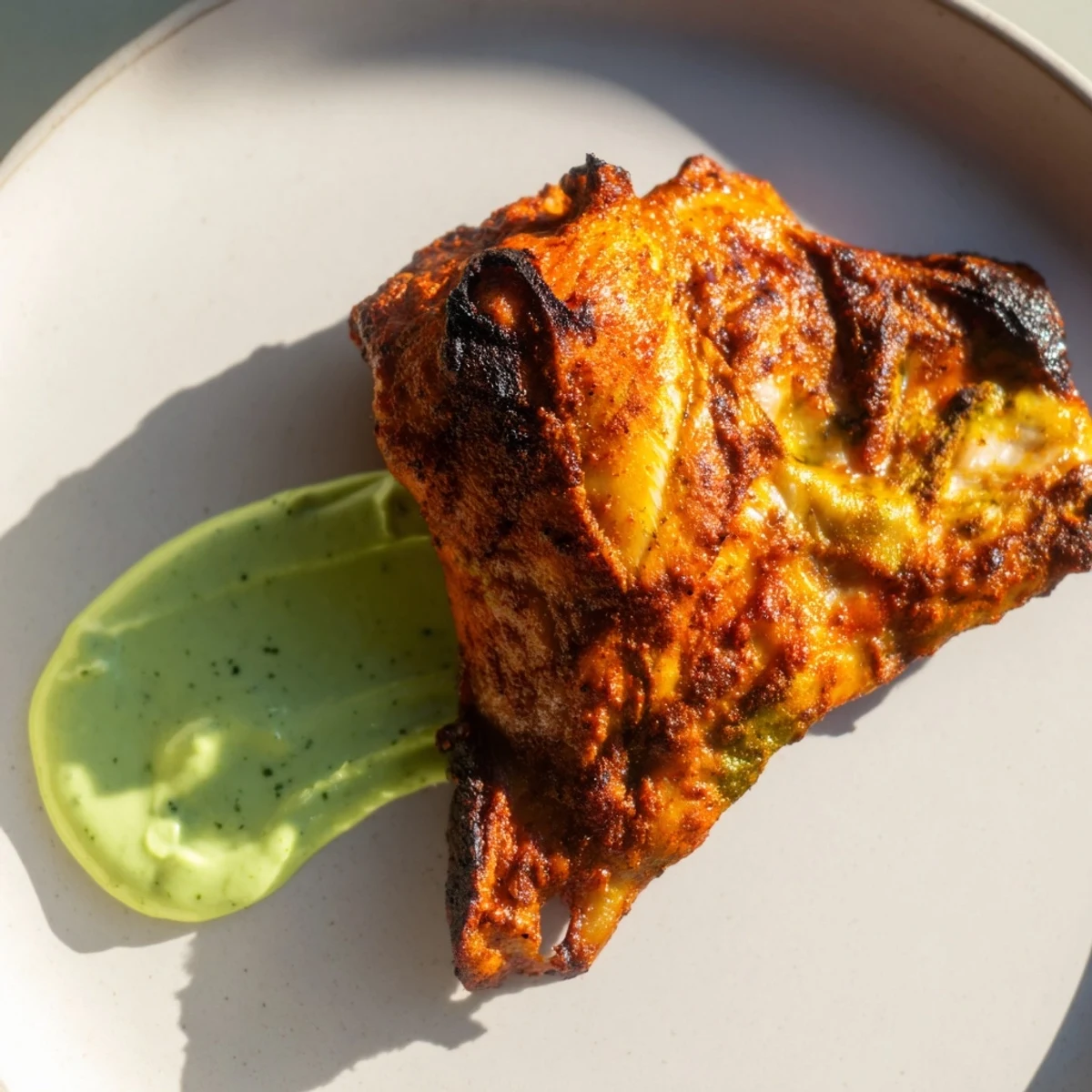 Freshly carved Peruvian roast chicken on a plate beside vibrant herby green sauce.
