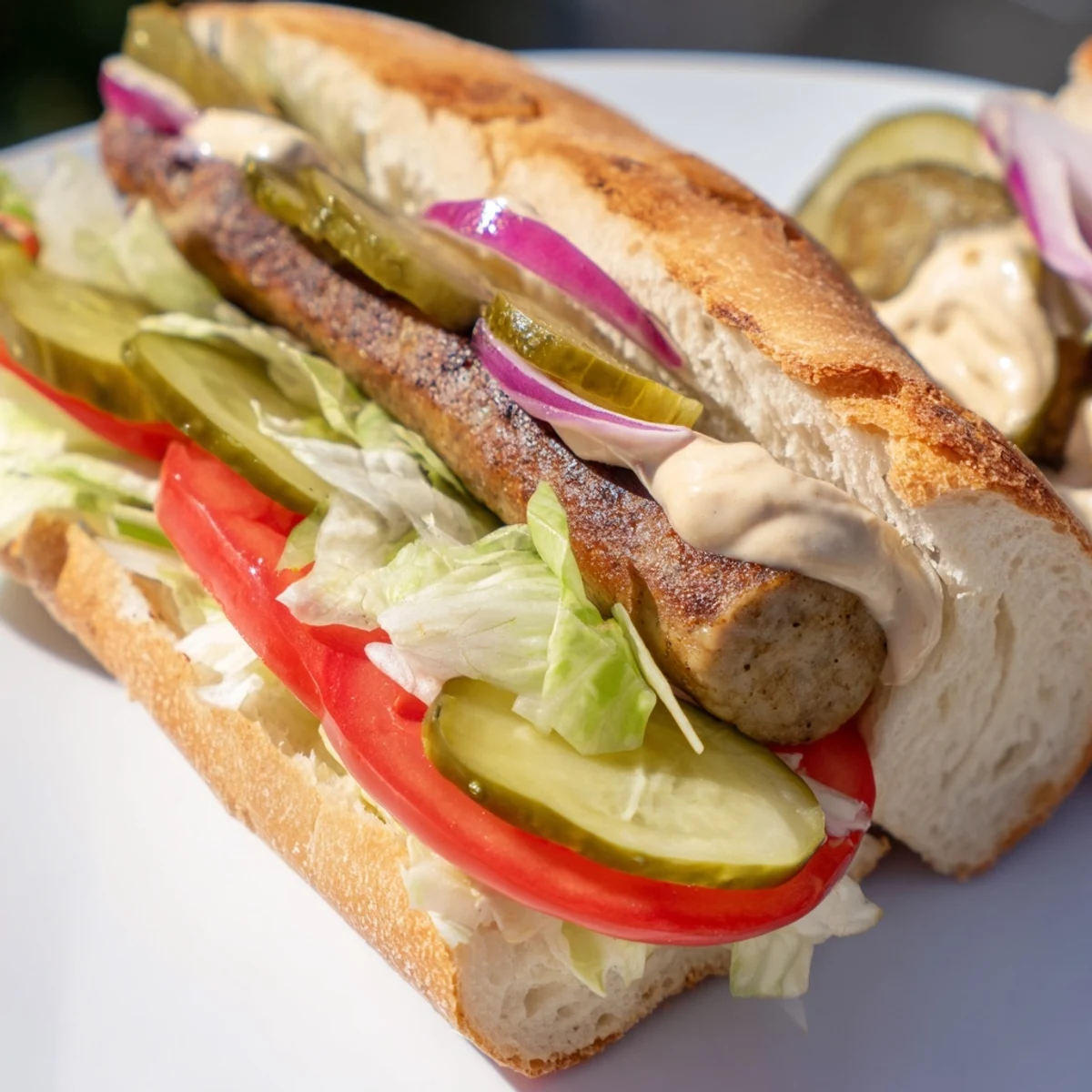 Grilled Cajun Beef Sausage Po Boy Sandwiches on a toasted baguette with crisp lettuce and ripe tomatoes.