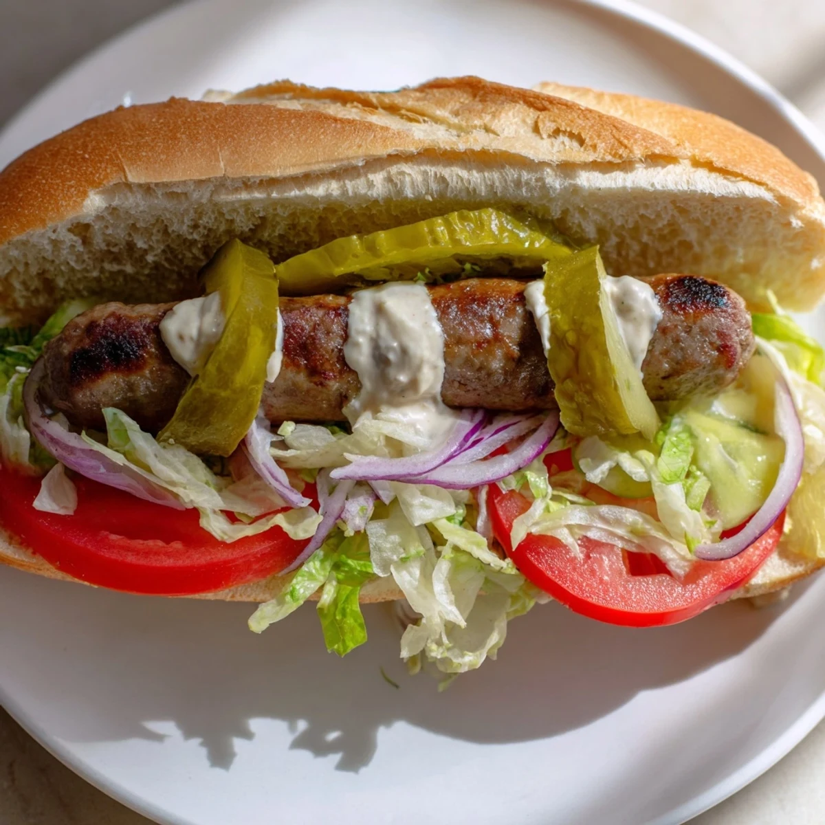 A close-up of a Grilled Cajun Beef Sausage Po Boy Sandwich oozing creamy remoulade and pickles.