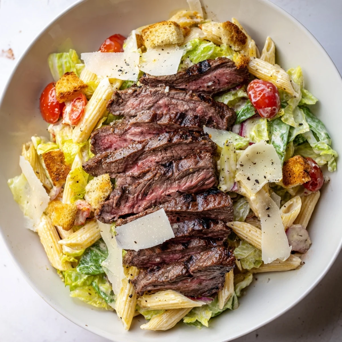Juicy grilled steak slices on romaine and penne in Flavorful Steak Caesar Pasta Salad, garnished with croutons.