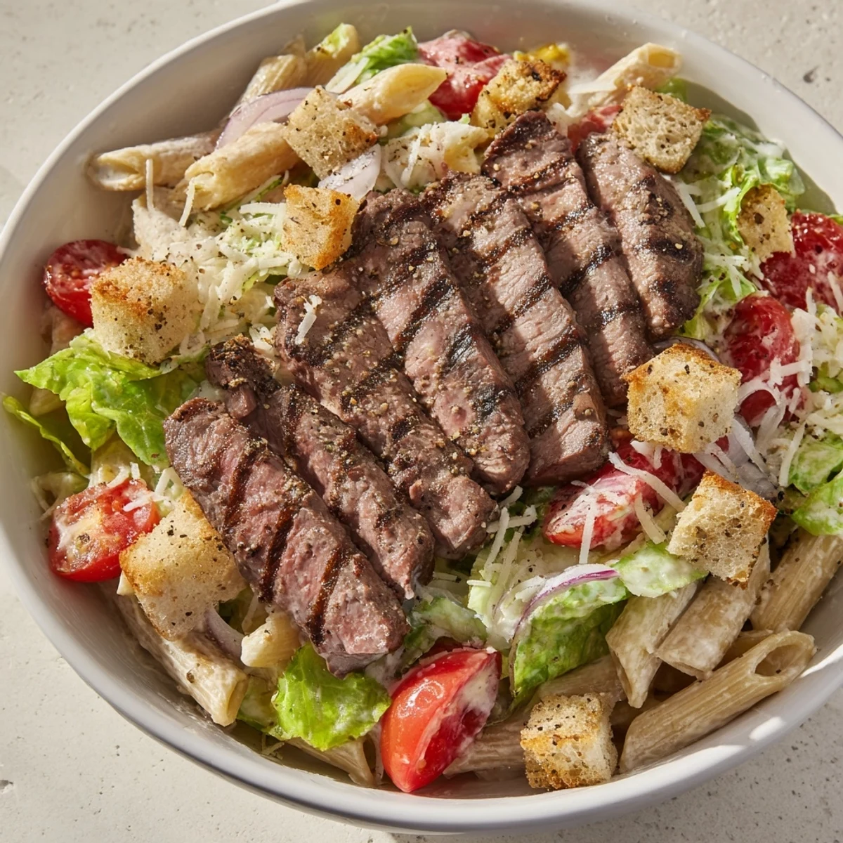 Bright cherry tomatoes and shaved Parmesan top the Flavorful Steak Caesar Pasta Salad on a rustic wooden table.