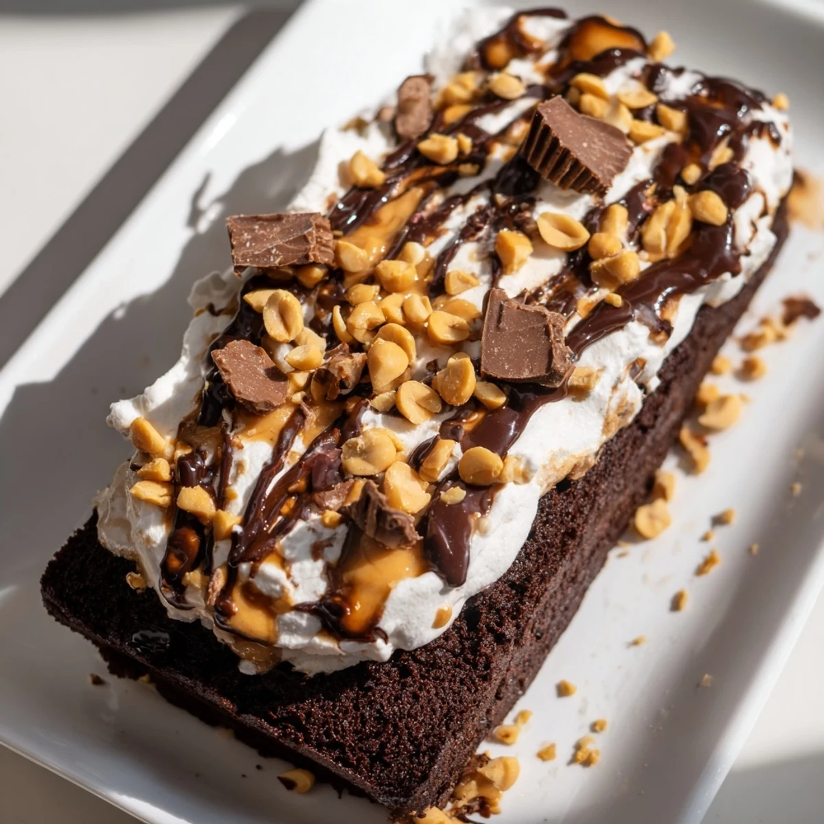 A slice of Chocolate Peanut Butter Poke Cake shows creamy filling and rich drizzle on a white plate.