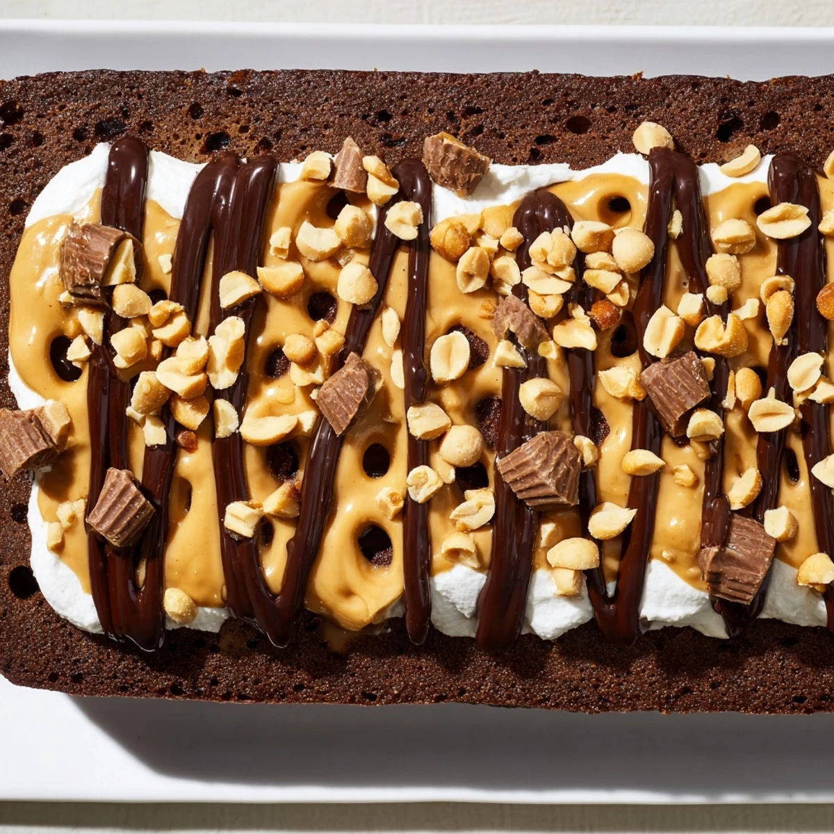 Moist Chocolate Peanut Butter Poke Cake with peanut butter pudding layers and whipped cream topping.