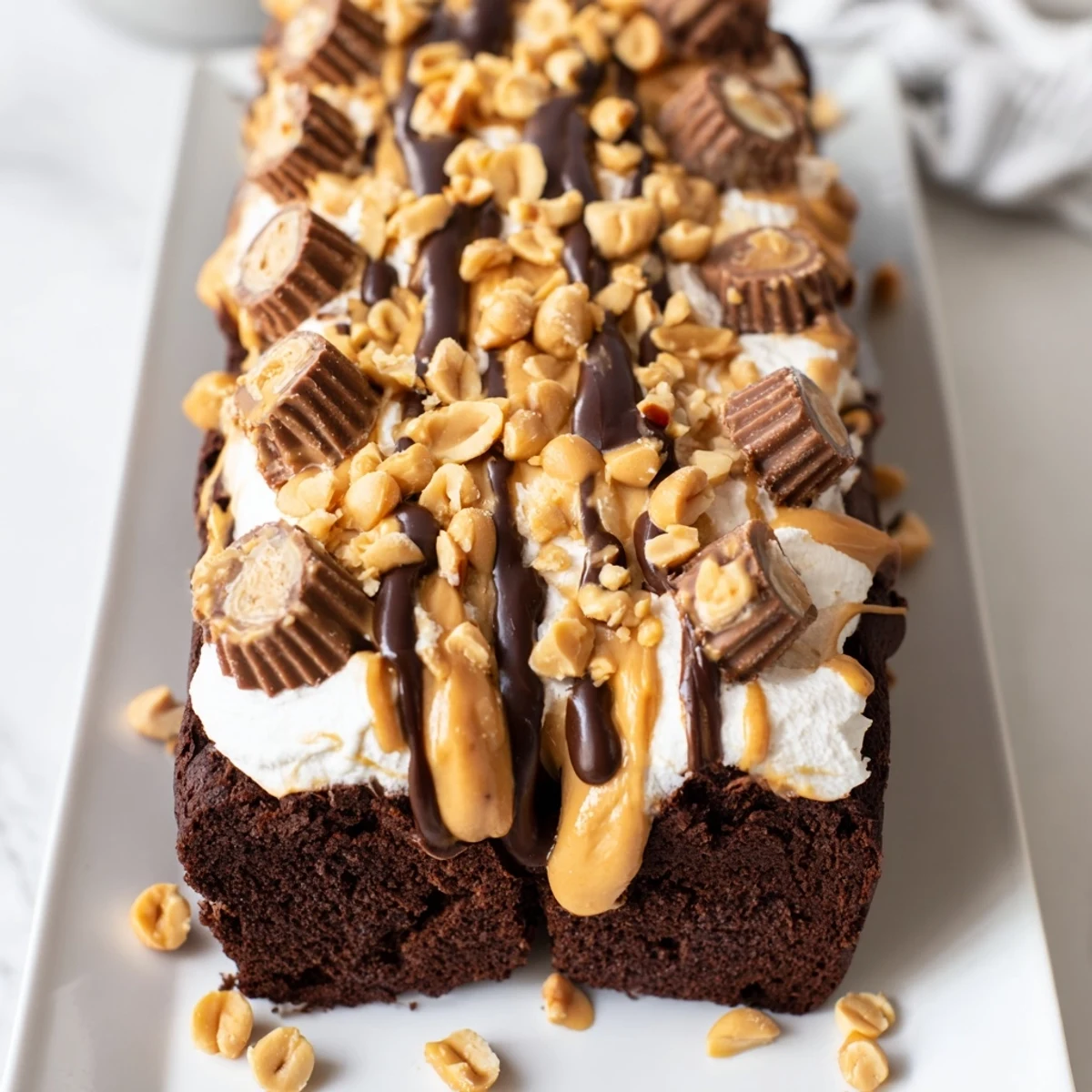 Chocolate Peanut Butter Poke Cake served with chopped peanuts and mini peanut butter cups garnish.