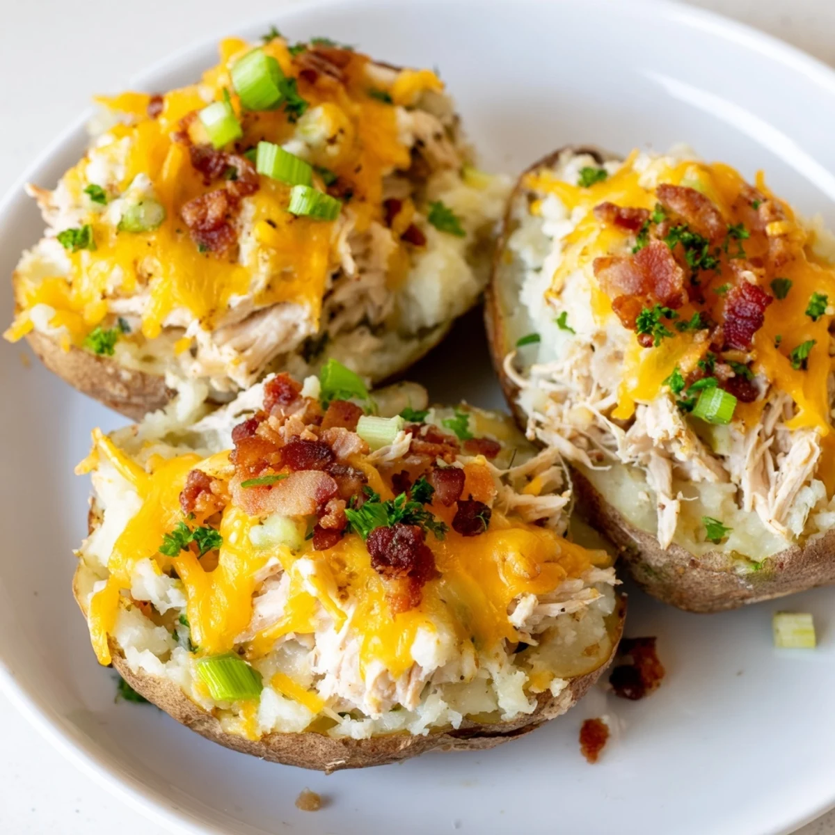 Golden-brown twice-baked potatoes stuffed with savory Mud Chicken, melted cheddar, and fresh parsley garnish.