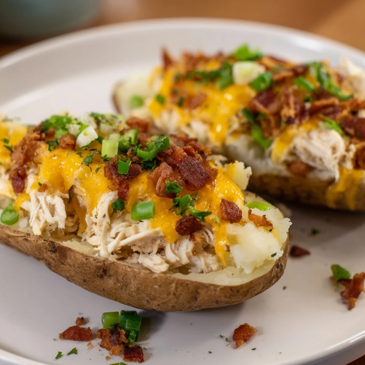 Mud Chicken Stuffed Twice Baked Potatoes with Savory Filling recipe showcasing creamy filling on a rustic wooden table.