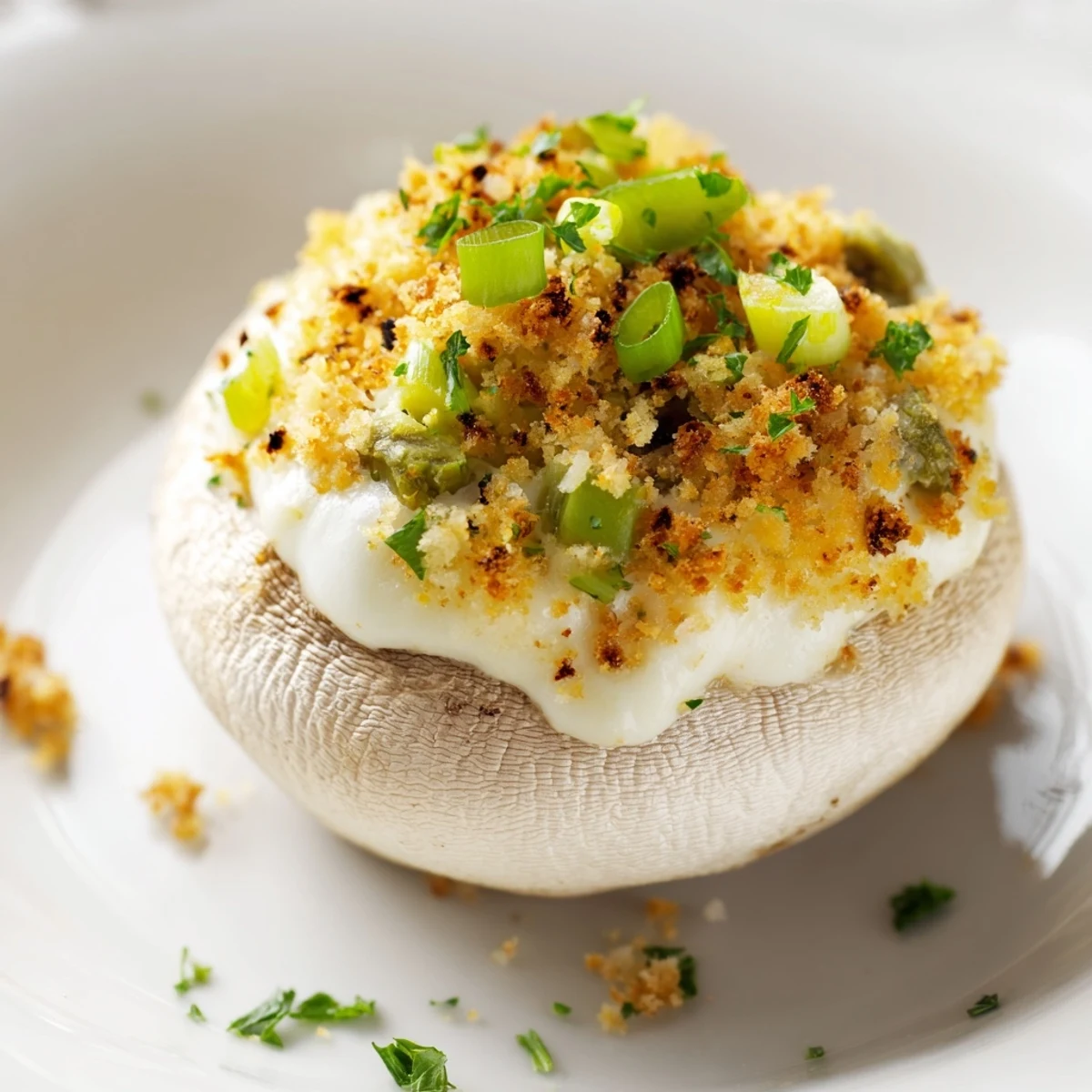 Golden-brown Mozzarella Popper Stuffed Mushrooms with melted cheddar and spicy jalapeños on a serving platter.