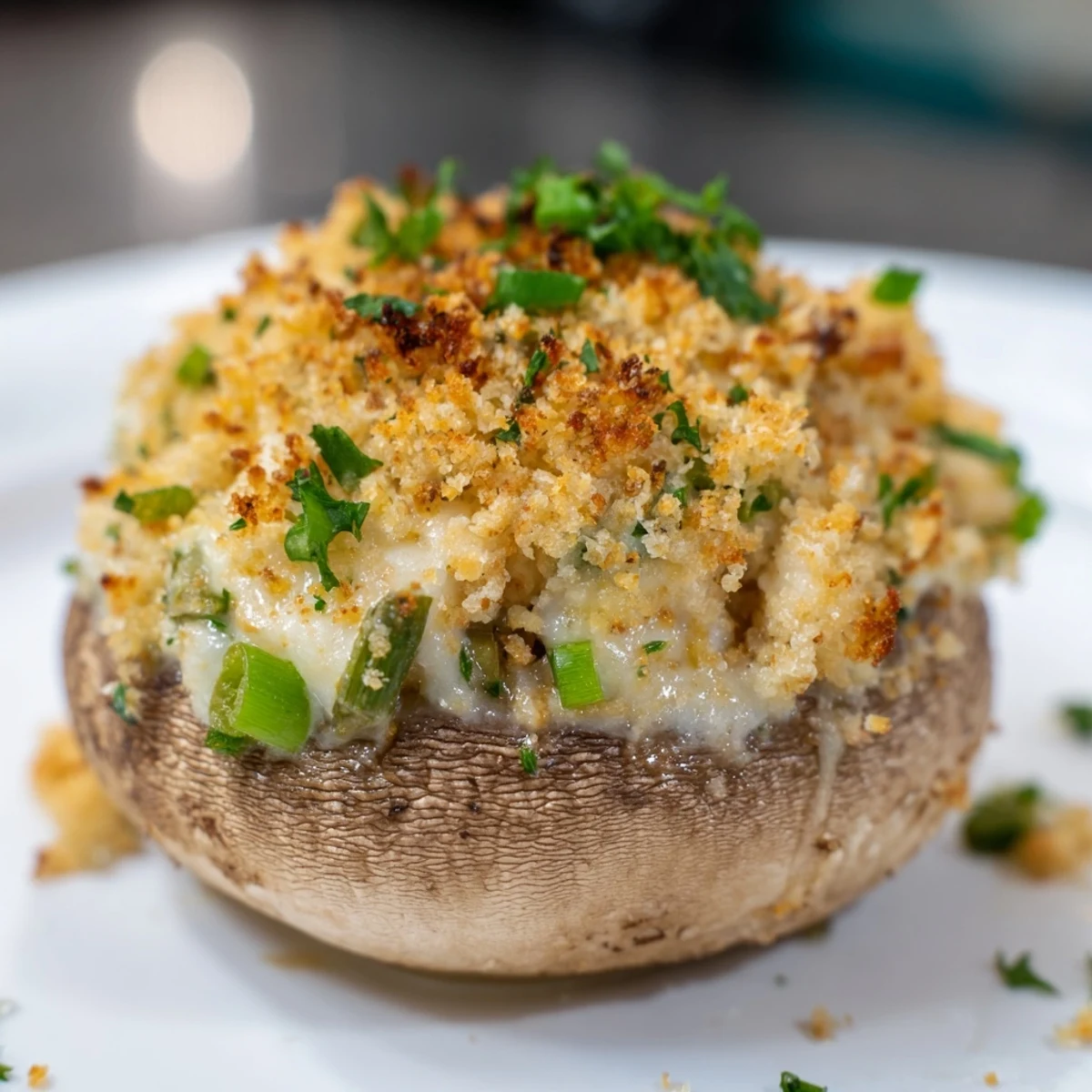 Close-up of Mozzarella Popper Stuffed Mushrooms with creamy filling and crunchy breadcrumb topping on a rustic table.