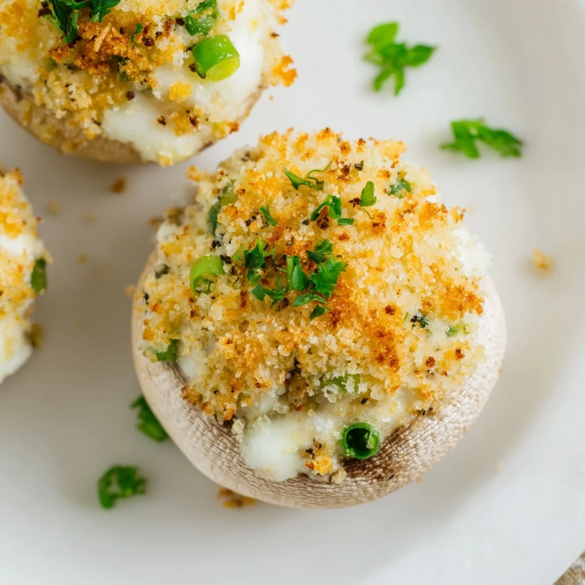A festive platter of Mozzarella Popper Stuffed Mushrooms garnished with fresh parsley, perfect for a game-day spread.