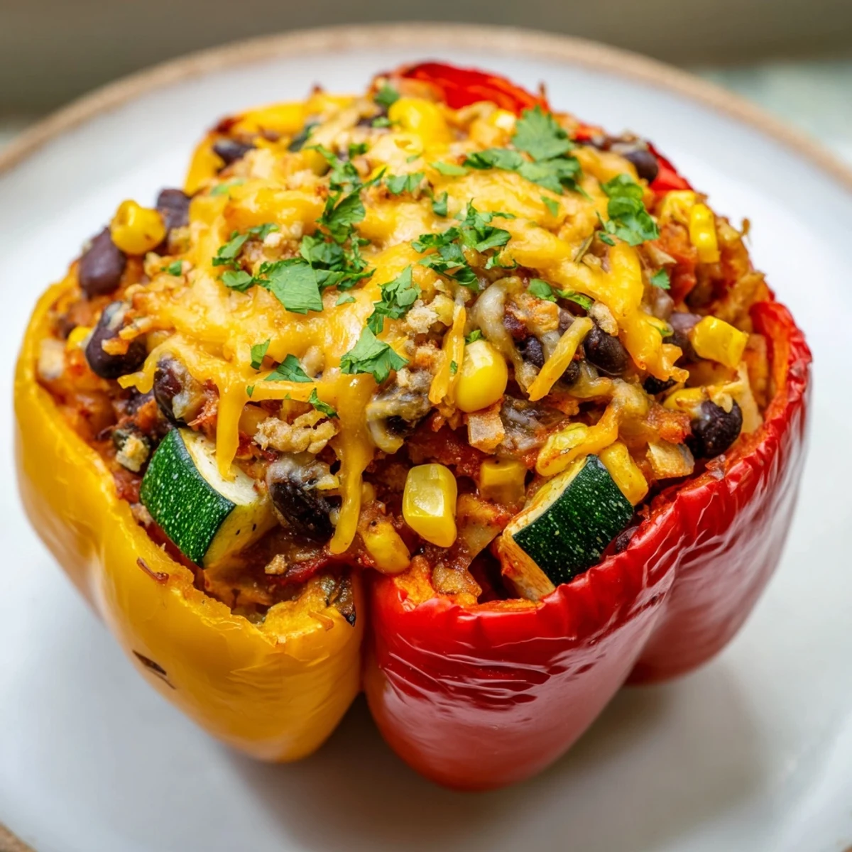 Golden-brown Cajun Potato Stuffed Bell Peppers sitting on a rustic wooden board.