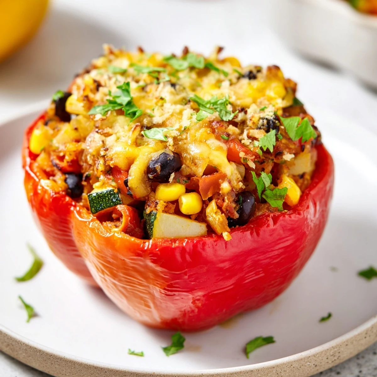Cajun Potato Stuffed Bell Peppers topped with melted cheddar and fresh parsley garnish.