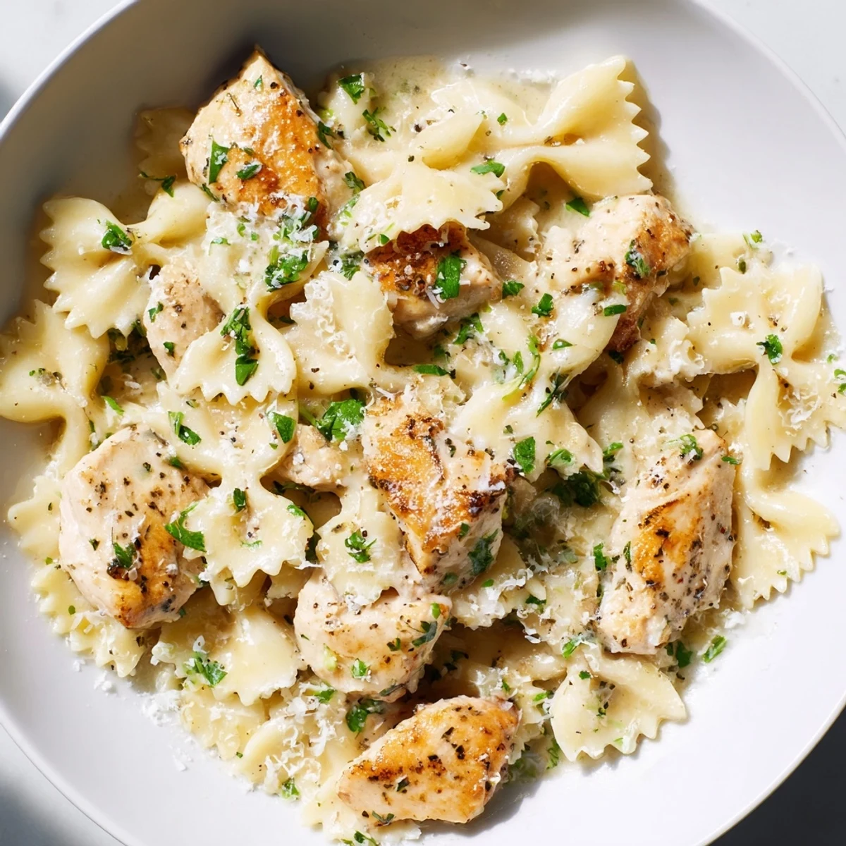 A close-up of Mozzarella Garlic Butter Chicken Bowties in Cheesy Cream sauce, steam rising from the rich, cheesy pasta.
