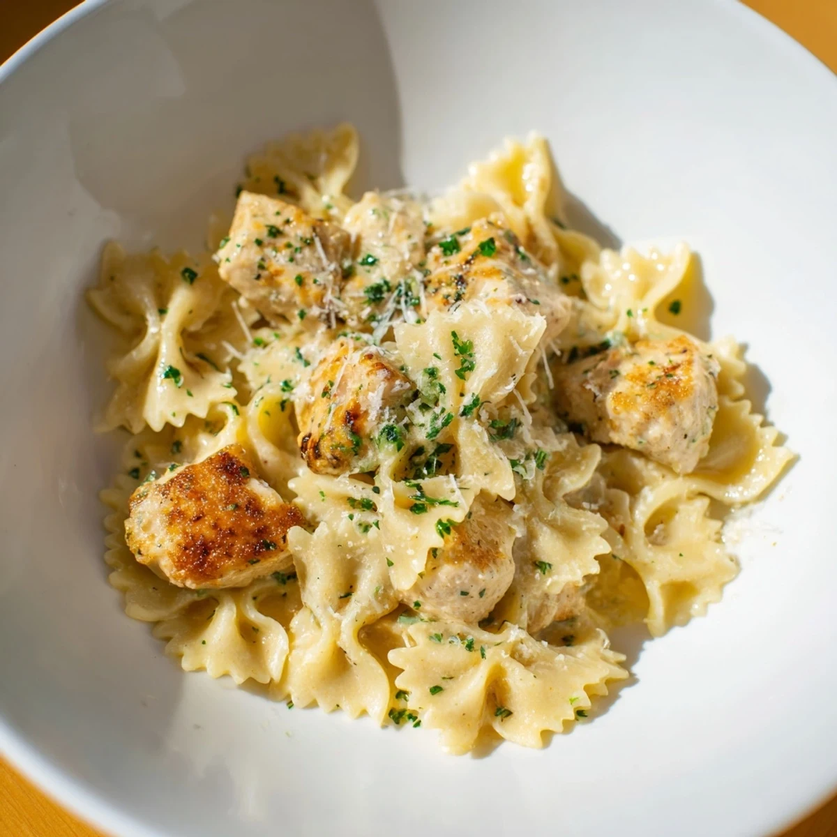 Golden pan-seared chicken pieces and bowtie pasta coated in a creamy garlic butter mozzarella sauce, garnished with fresh parsley.