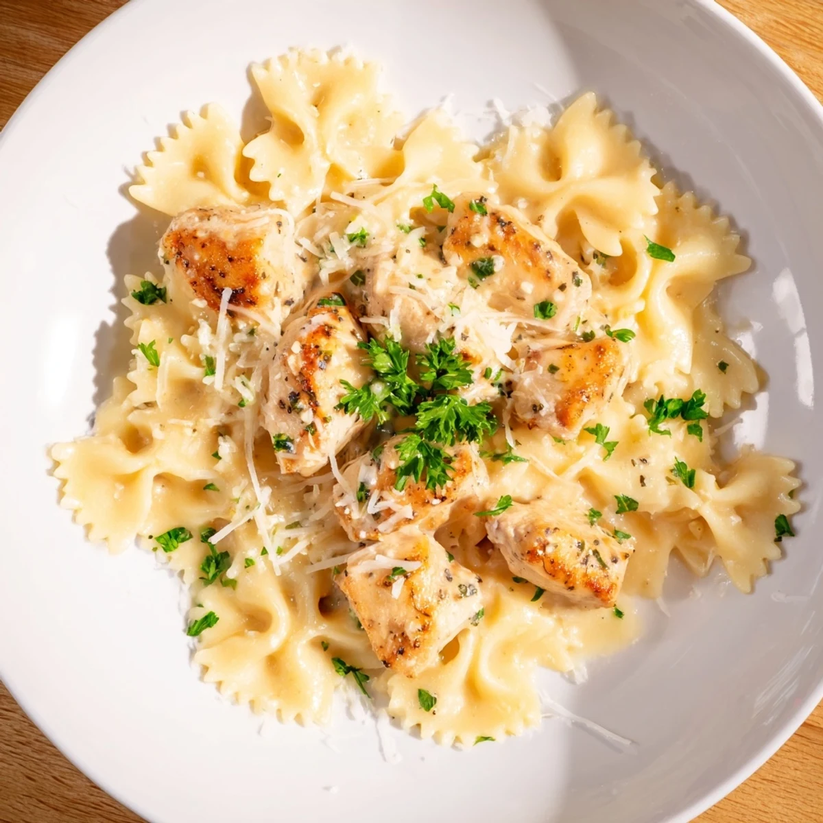 Serving suggestion for Mozzarella Garlic Butter Chicken Bowties in Cheesy Cream, plated with a side of garlic bread.