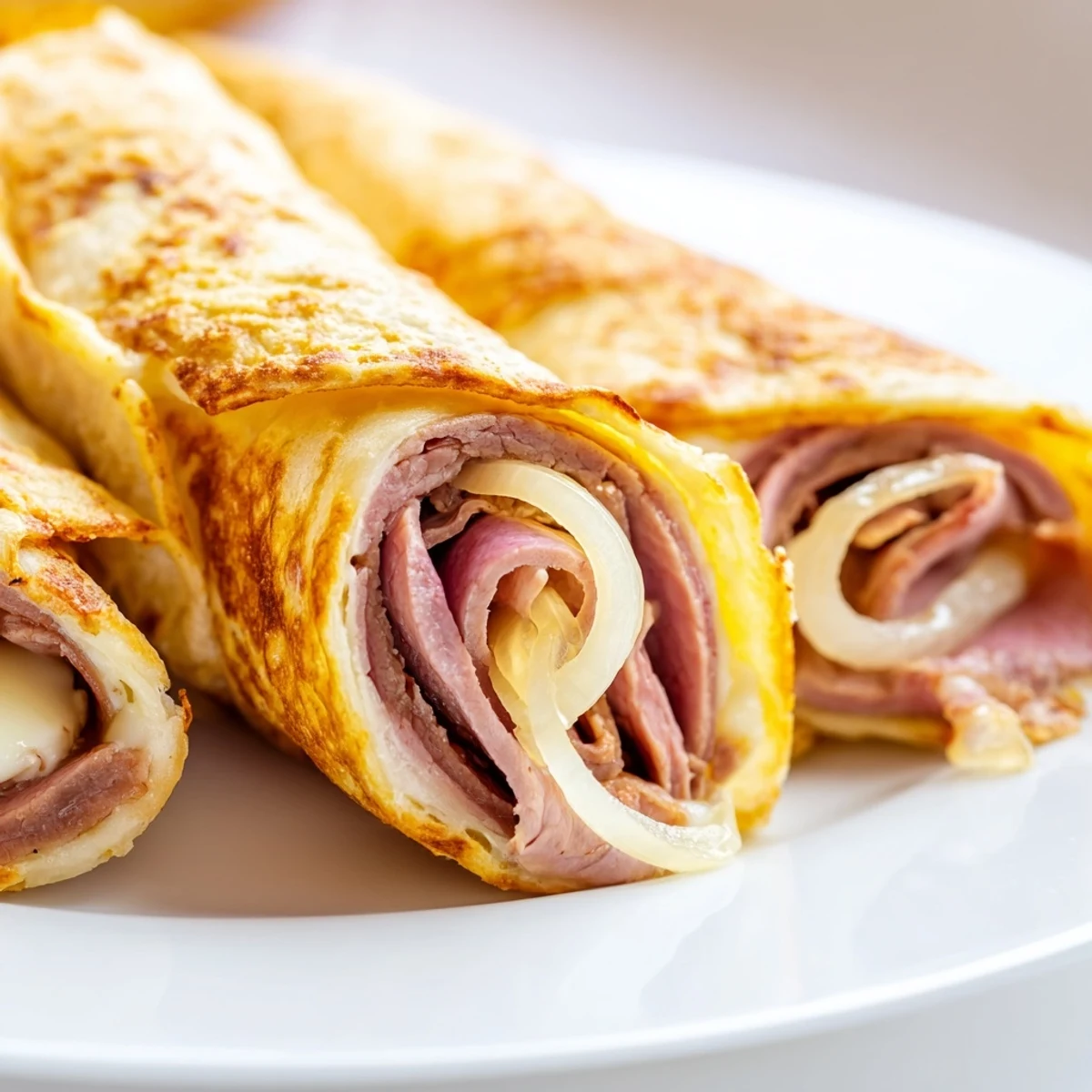 Crisp, golden Easy French Dip Tortilla Roll Ups sliced to reveal melted provolone and tender roast beef inside.