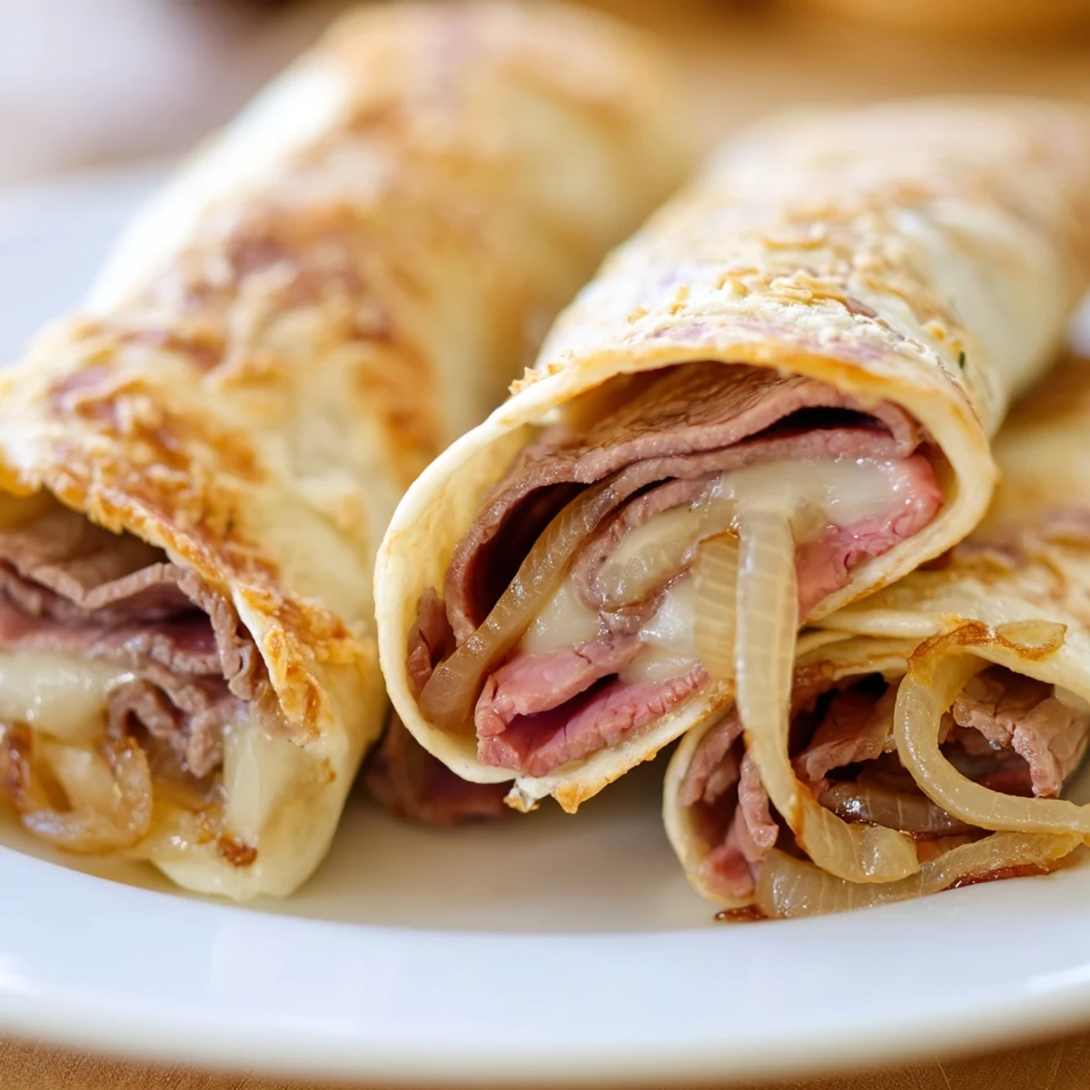 Easy French Dip Tortilla Roll Ups are served warm alongside a small bowl of steaming au jus for dipping.
