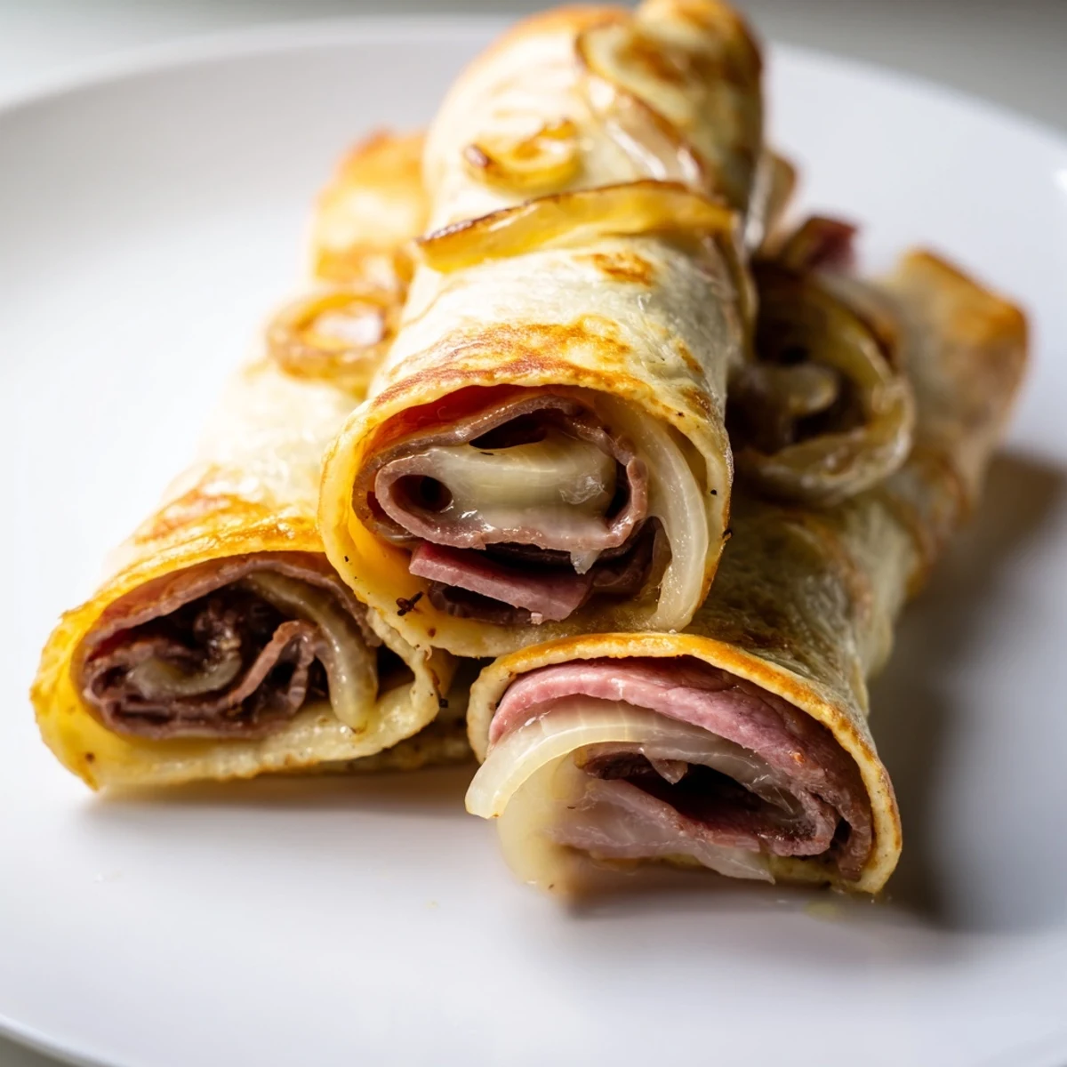 The golden tortilla exterior of Easy French Dip Tortilla Roll Ups frames savory roast beef and caramelized onions.