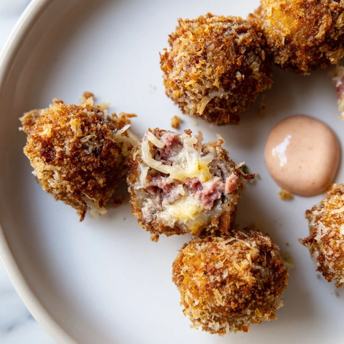 Golden-brown Reuben Balls with Spicy Thousand Island sauce are arranged on a platter with fresh parsley garnish.