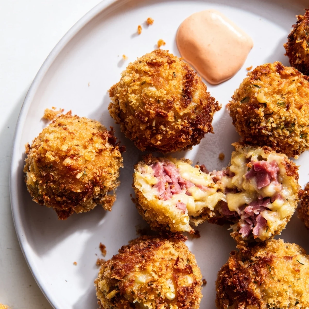 A close-up of crispy Reuben Balls, showing the creamy filling when one is broken open with a fork.