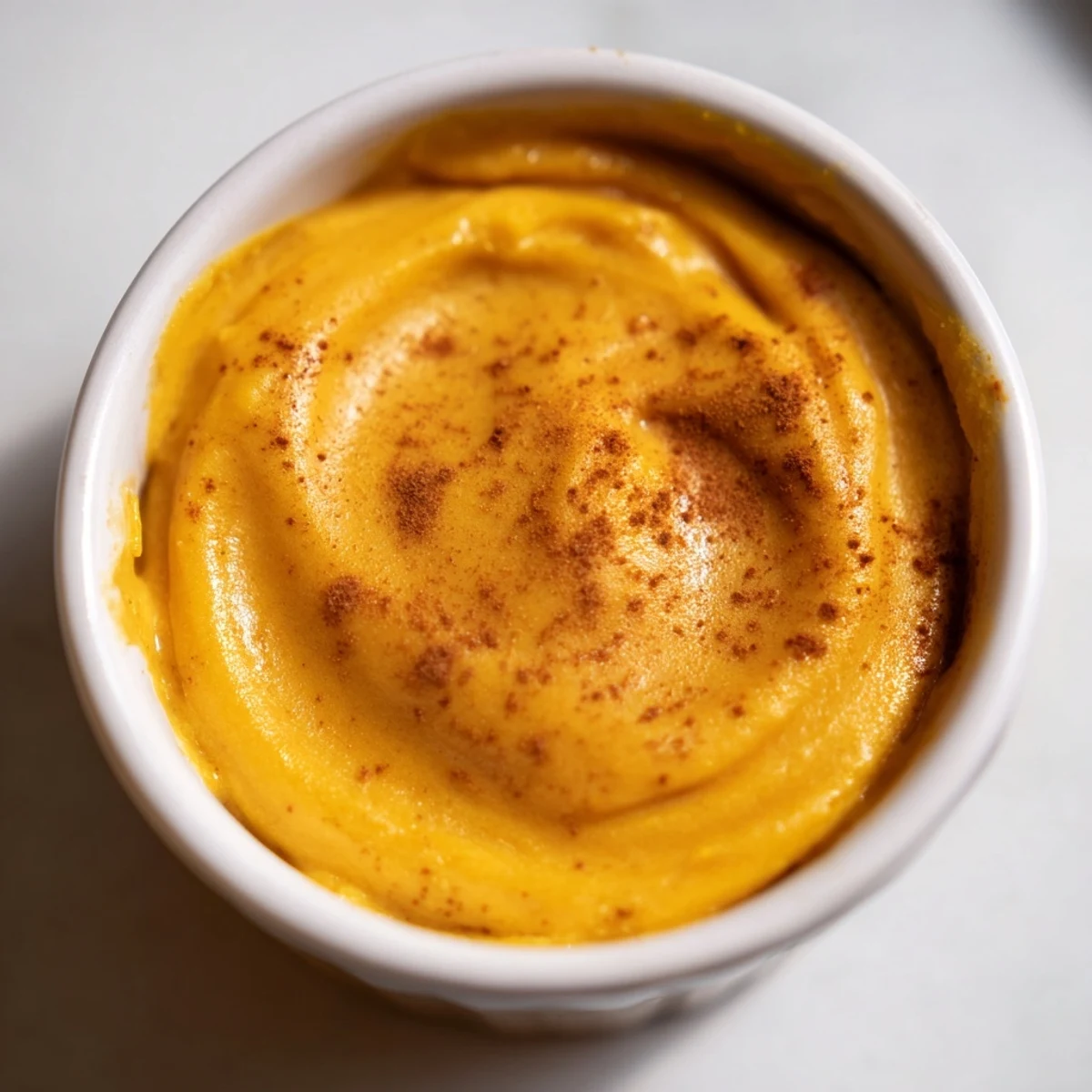 Effortless Baked Pumpkin Pudding presented in a rustic dish, topped with whipped cream and a sprinkle of cinnamon.