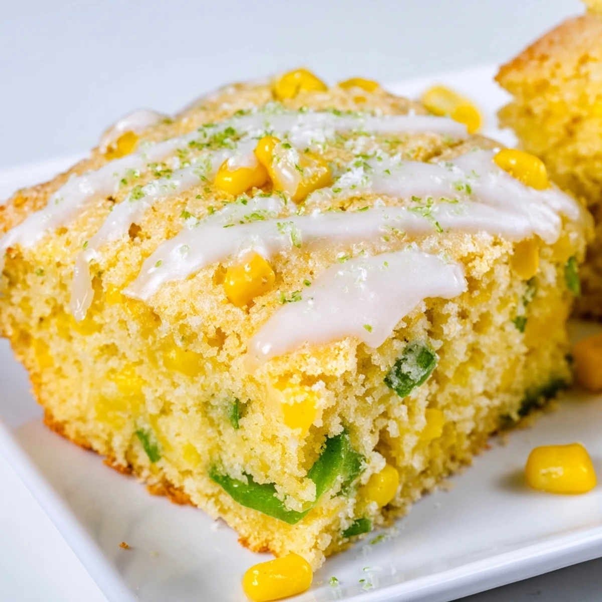 A warm slice of Spicy Sweet Jalapeño Cornbread with Zesty Lime Drizzle shows a moist crumb with visible corn kernels and a glossy glaze.