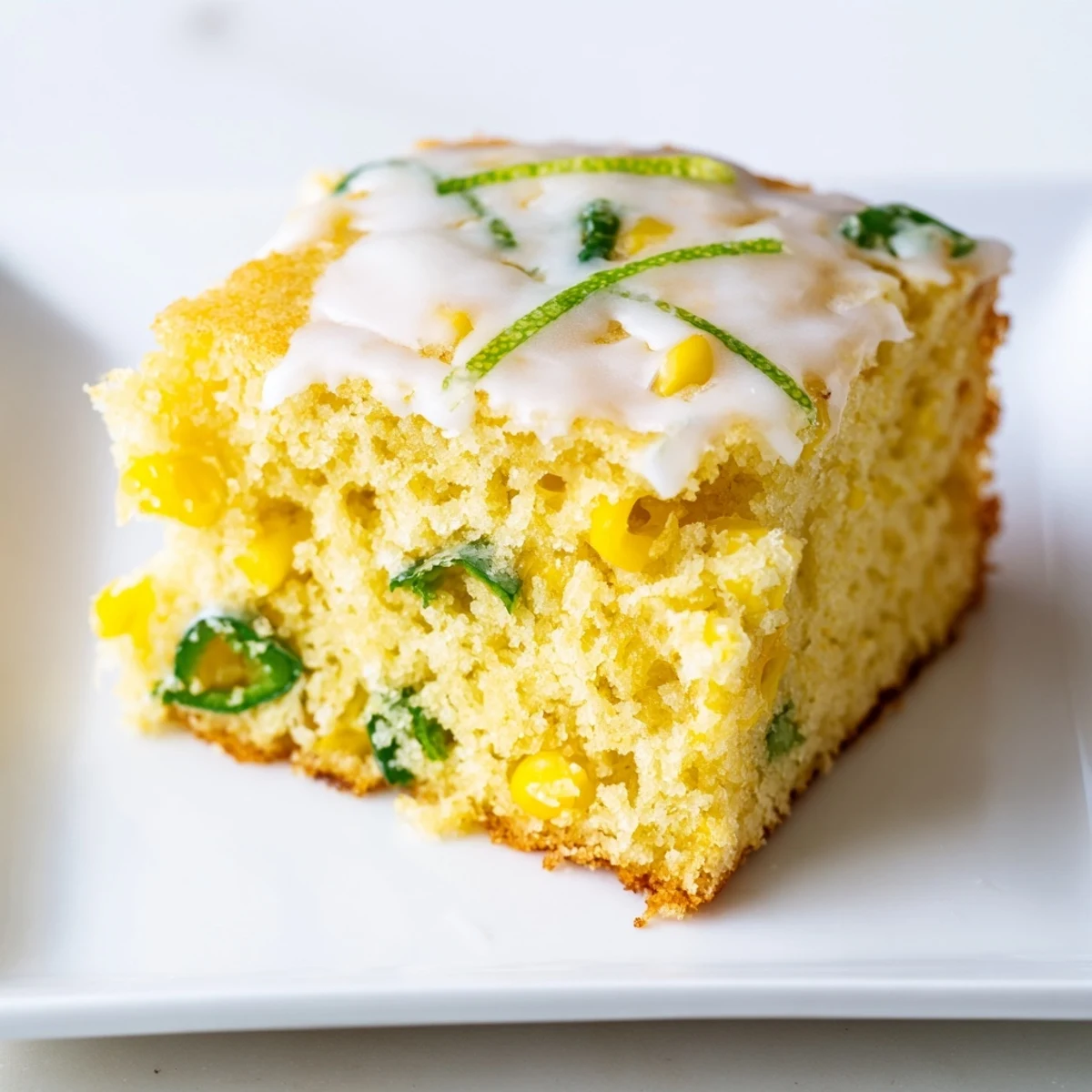 The golden baked Spicy Sweet Jalapeño Cornbread with Zesty Lime Drizzle sits on a wire rack, ready to be sliced and served.