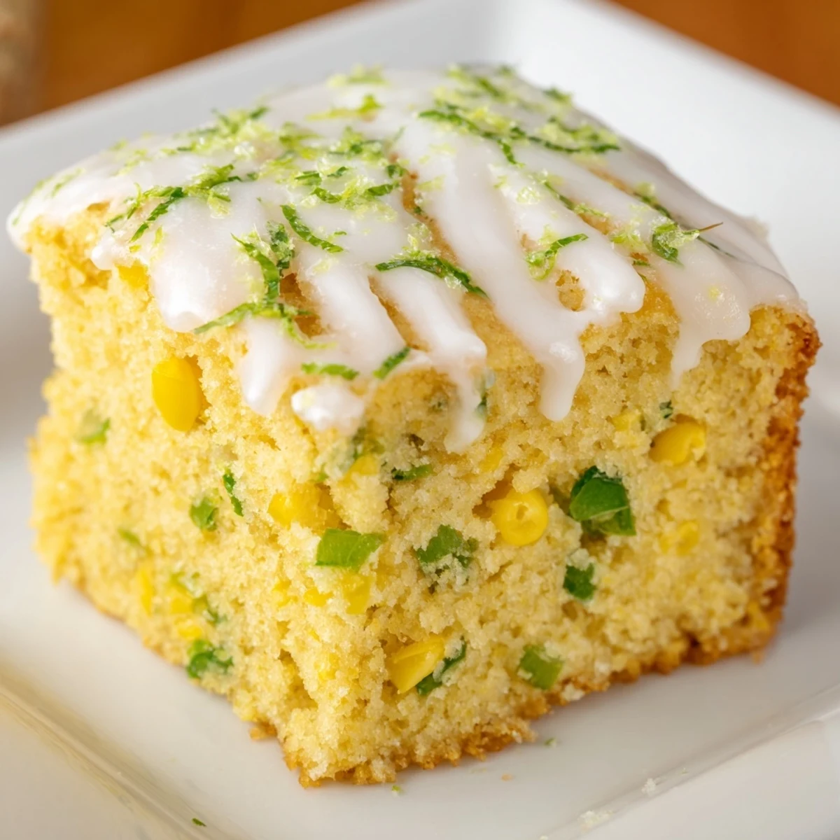 Close up view of Spicy Sweet Jalapeño Cornbread with Zesty Lime Drizzle, highlighting the tangy glaze over tender cornbread speckled with jalapeños.
