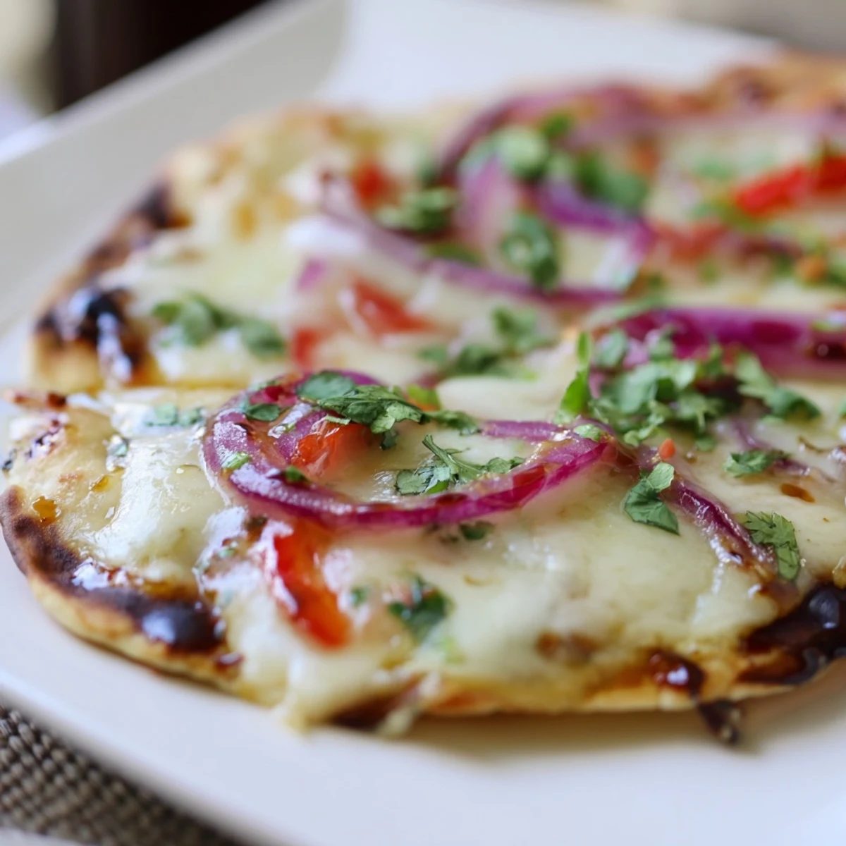 The Sweet Heat Honey Garlic Flatbread Pizza showcases crispy golden edges and melted mozzarella, finished with fresh cilantro.