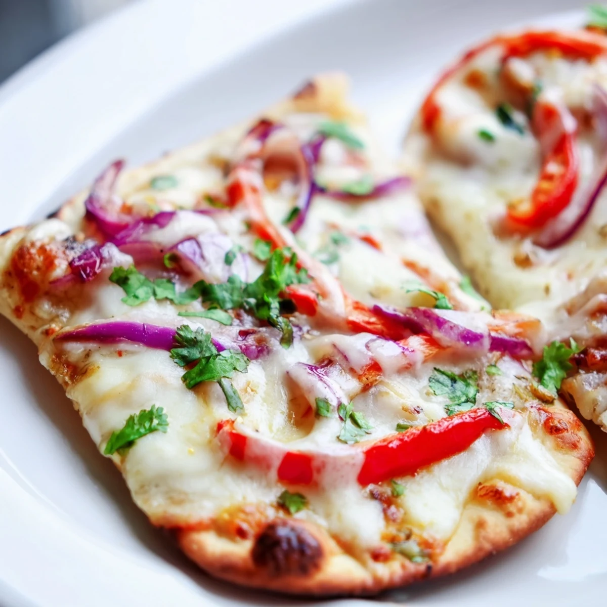 Freshly baked Sweet Heat Honey Garlic Flatbread Pizza with bubbly cheese, drizzled honey, and vibrant peppers on a plate.